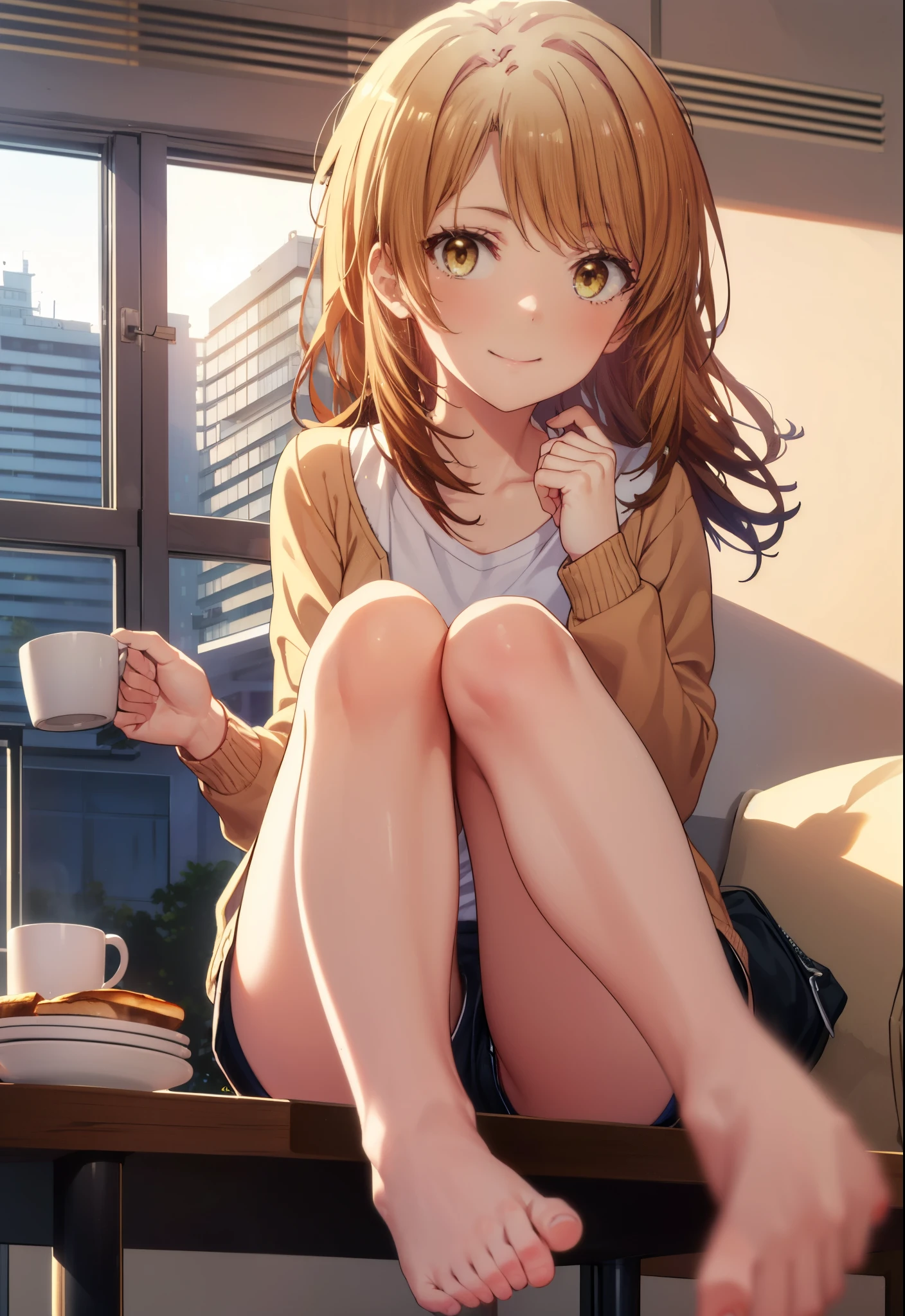 irohaisshiki, iroha isshiki, long hair, brown hair, (brown eyes:1.5), smile,smile,T-shirt,shorts,Sheer long cardigan Front open,barefoot,On the table is a coffee mug and a plate of toasted bread.,window building street,Sunlight shining through the gaps in the building,morning,sunrise,sitting in a chair,
break indoors, indoor,
break looking at viewer,
break (masterpiece:1.2), highest quality, High resolution, unity 8k wallpaper, (shape:0.8), (fine and beautiful eyes:1.6), highly detailed face, perfect lighting, Very detailed CG, (perfect hands, perfect anatomy),