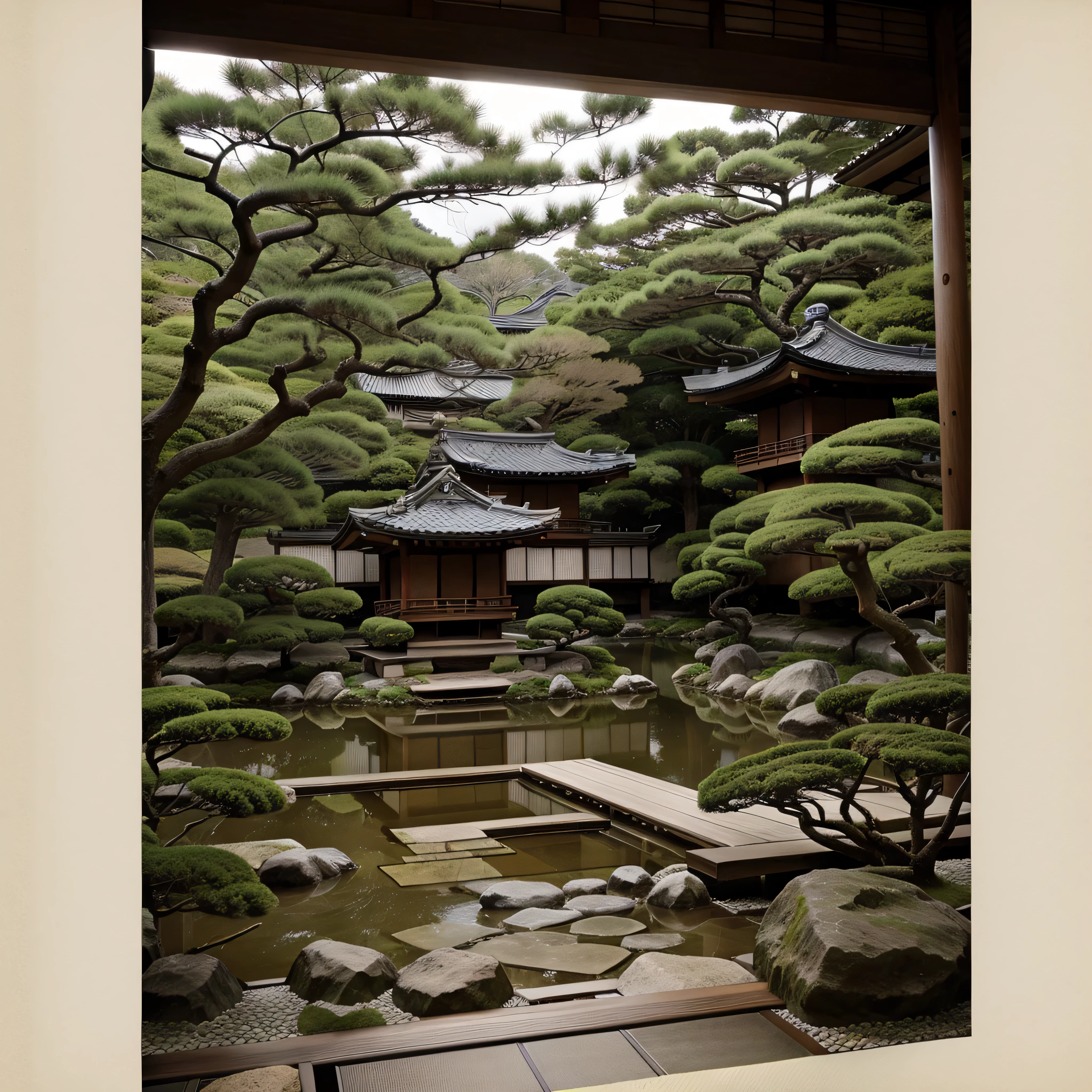 Japanese Garden, antique image, Japanese style, high quality, realistic, faded image, lines