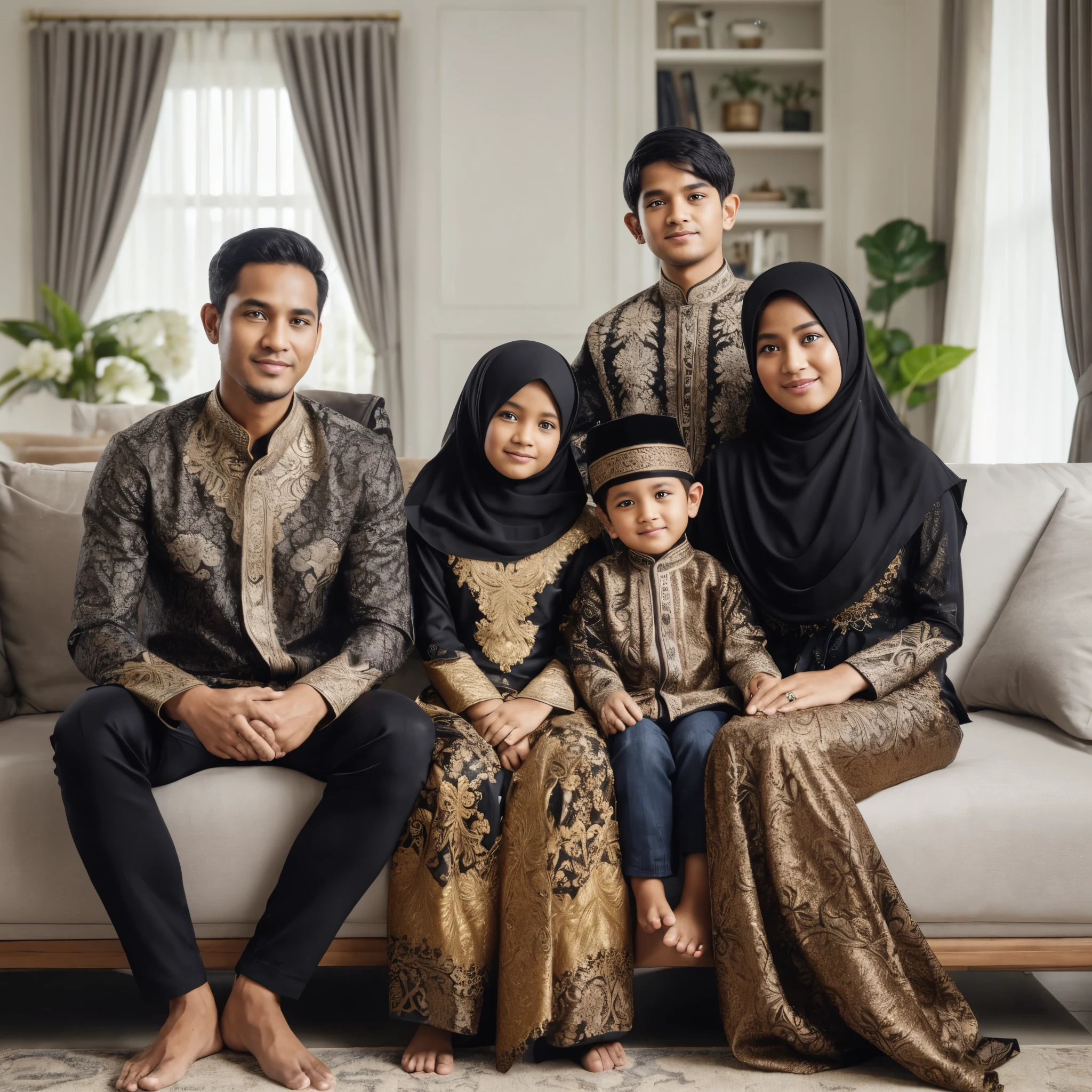 Family photo from Indonesia, five members. The father and mother are 35 years old, with one 10-year-old daughter wearing a hijab, and two sons aged 6 and 3. They all wear coordinated BATIK and black-gold long dresses, with hijabs, posing sitting on the living room sofa, against a luxurious living room background. The photo is realistic, detailed, ultra HD, with white lighting, best photography, 8k. 