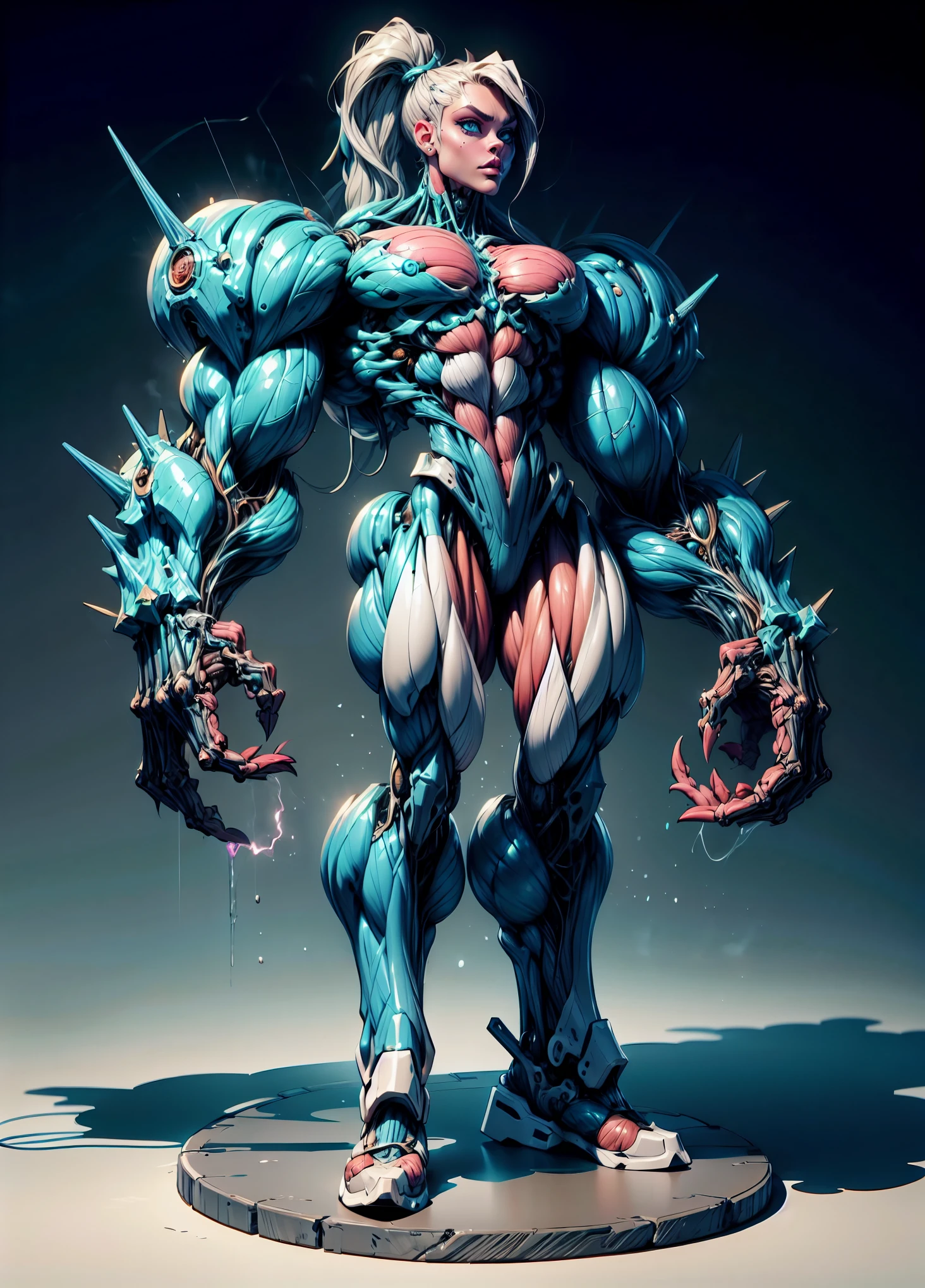 (1 girl), (cara delevingne), (muscular girl wearing a bio mecha muscle suit:1.25), detailed, ultra-detailed, masterpiece, 8k wallpaper,(bio mecha:1.25), (muscle:1.3), (muscle tissue:1.25),
(mecha design (de):1.6), (mdde:1.3),
weapon, spikes, mecha, solo, science fiction, standing, holding, glowing, electricity, teeth, monsteress, simple background, claws