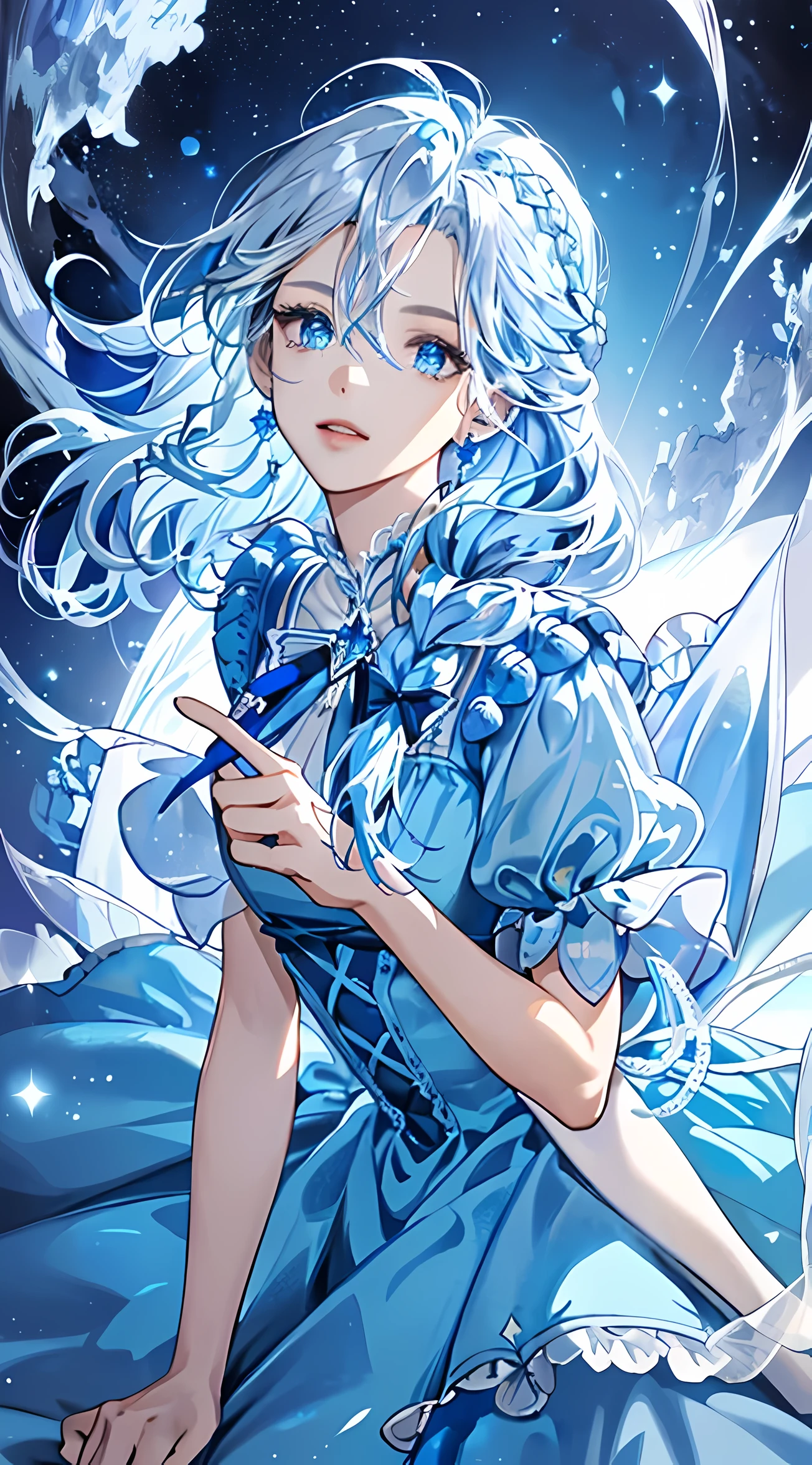(Top view: 1.2), dynamic angle, Super detailed illustration, (fantasy: 1.4), (beauty: 1.1), Her eyes sparkle like stars in a dream, (glowing blue eyes: 1.233), (Beautiful and delicate blue eyes: 1.1), (silver hair: 1.14), (messy hair, long hair, French braid, hair between eyes, side hair: 1.1), (+ blue hair: 1.14, blue hair: 1.14), (Chiffon Dress, blue: 1.23), Flower uniform pattern), /