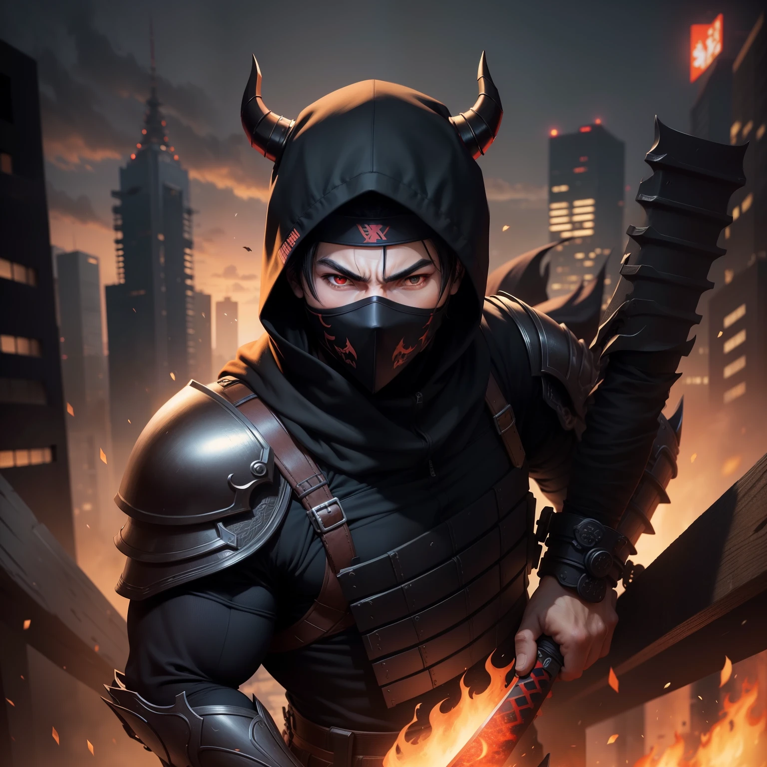 The highest quality, the perfect masterpiece, perfect art, 8K, 1male, Japanese, black hair, black hood, night, katana on the back, serious, cold, ninja mask in the mouth, red eyes, pistols at the waist, on top of a building, vigilant, trained physique, ninja style, black clothing all over the body, agile, chest and shoulder armor, Anime, no ears, demon