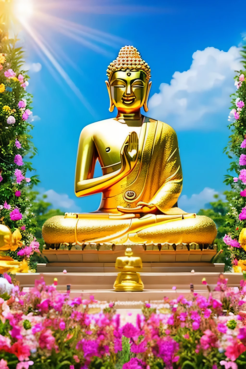 明るい背景のBuddha像　 Buddha　solo front　looking here　halo is shining　upper body only　body is 70 on screen%Profession　hold hands　Like a photograph　Amazing background full of flowers
