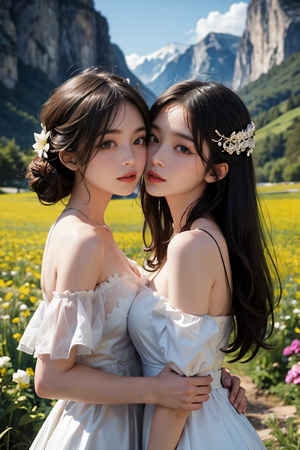 (2 girl, kissing), Front above selfie view, naked, topless, tits out, nipple, ideal tits, off shoulder deep v bride dress, kissing her girlfriend, grass background