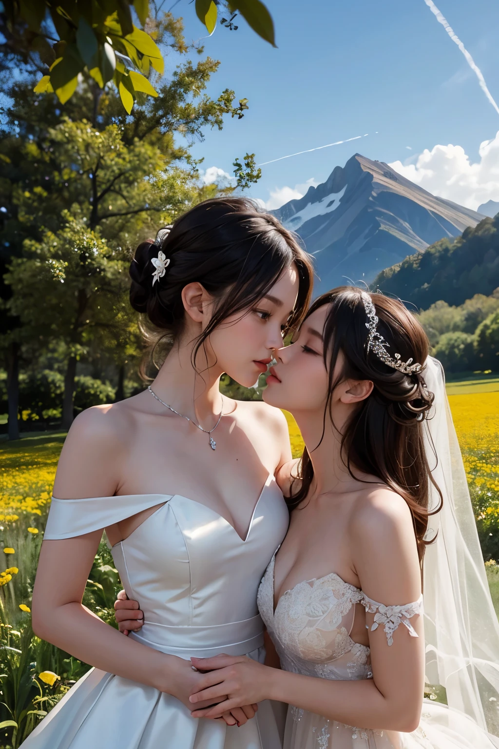 (2 girl), ideal tits, off shoulder deep v bride dress, kissing her girlfriend, romantic, pre-wedding photoshoot, flower field mountain background