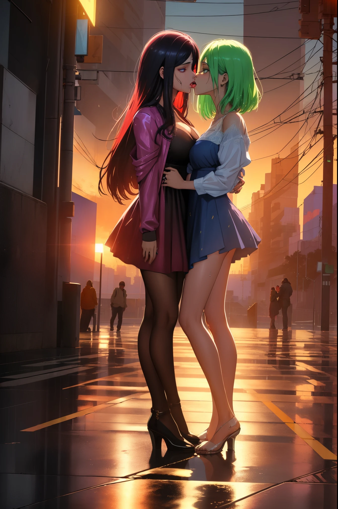 (obra de arte:1.4),(volumetric lighting:1.3), (2 meninas, Yuri), Tongue kiss, vestido curto apertado,sem mangas, ao ar livre, paisagem urbana,estrada, Chuva pesada,tempestade, twilight,Alvorecer, twilight,sunset, Corpo todo, encharcado, corpo sensual, olhos fechados, (silhueta:1.2), wet floor, cyberpunk