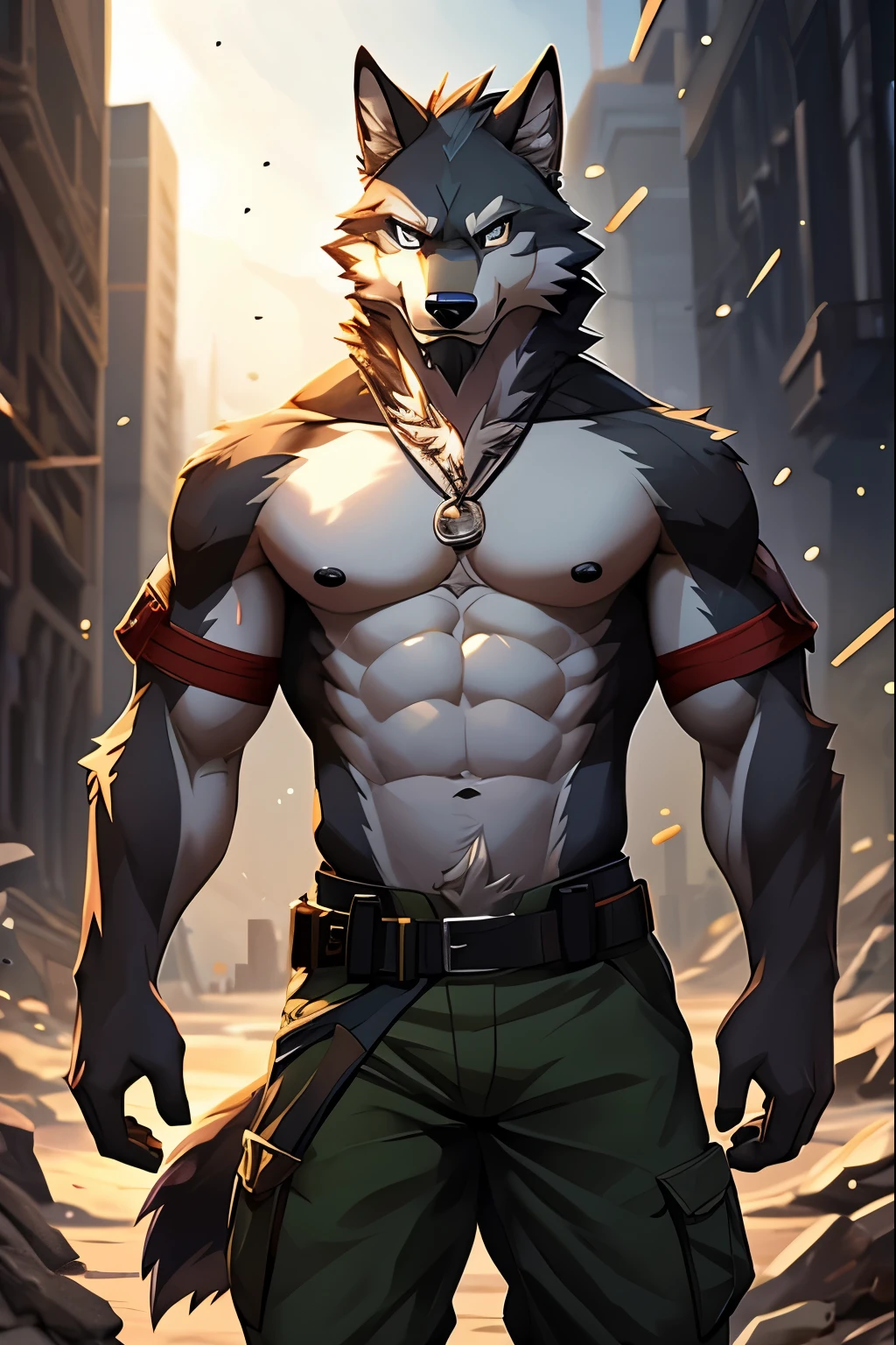 Masterpieces, furry, male, Anthropomorphic, wolf, veiny, thin body, age 40, Delicate eyes, goatee, furred body, war veteran, anime, depth of field, perfect lighting, light particles,(best quality),(masterpiece),(ultra detailed), sharp focus, light particles, detailed barren background, green military pants, shirtless, fierce look, soldier look, full body, six pack abs, black nipples,