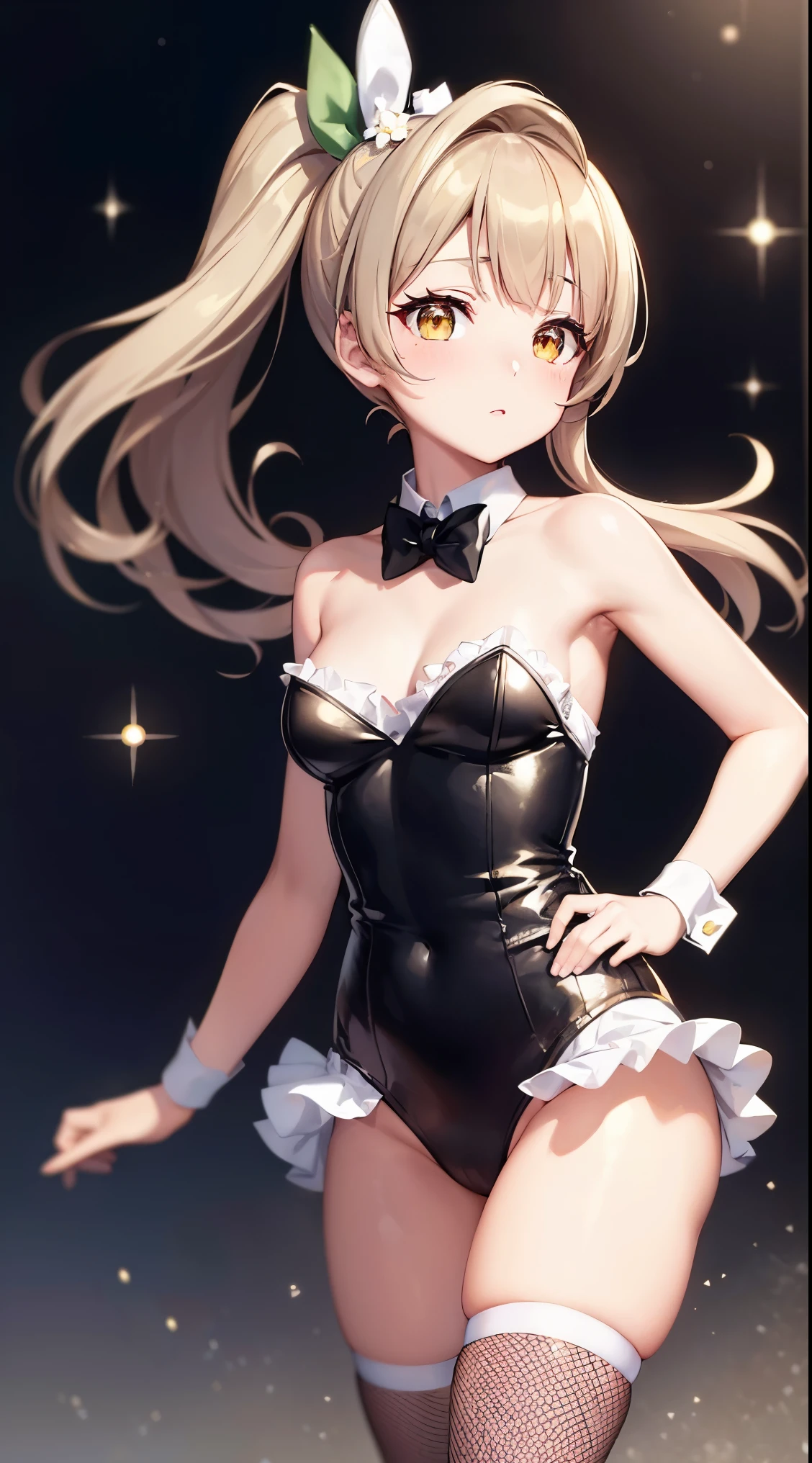 Minami Kotori, One side up, Hair Ribbon, masterpiece, top quality, high resolution, unity 8k wall paper, illustration, detailed eyes, extra detailed face, Highly detailed CG, glossy lips, light makeup, standing, detached collar, bow tie, wrist cuffs, (garden), strapless leotard, fishnet stockings, (bunnygirl), high heels