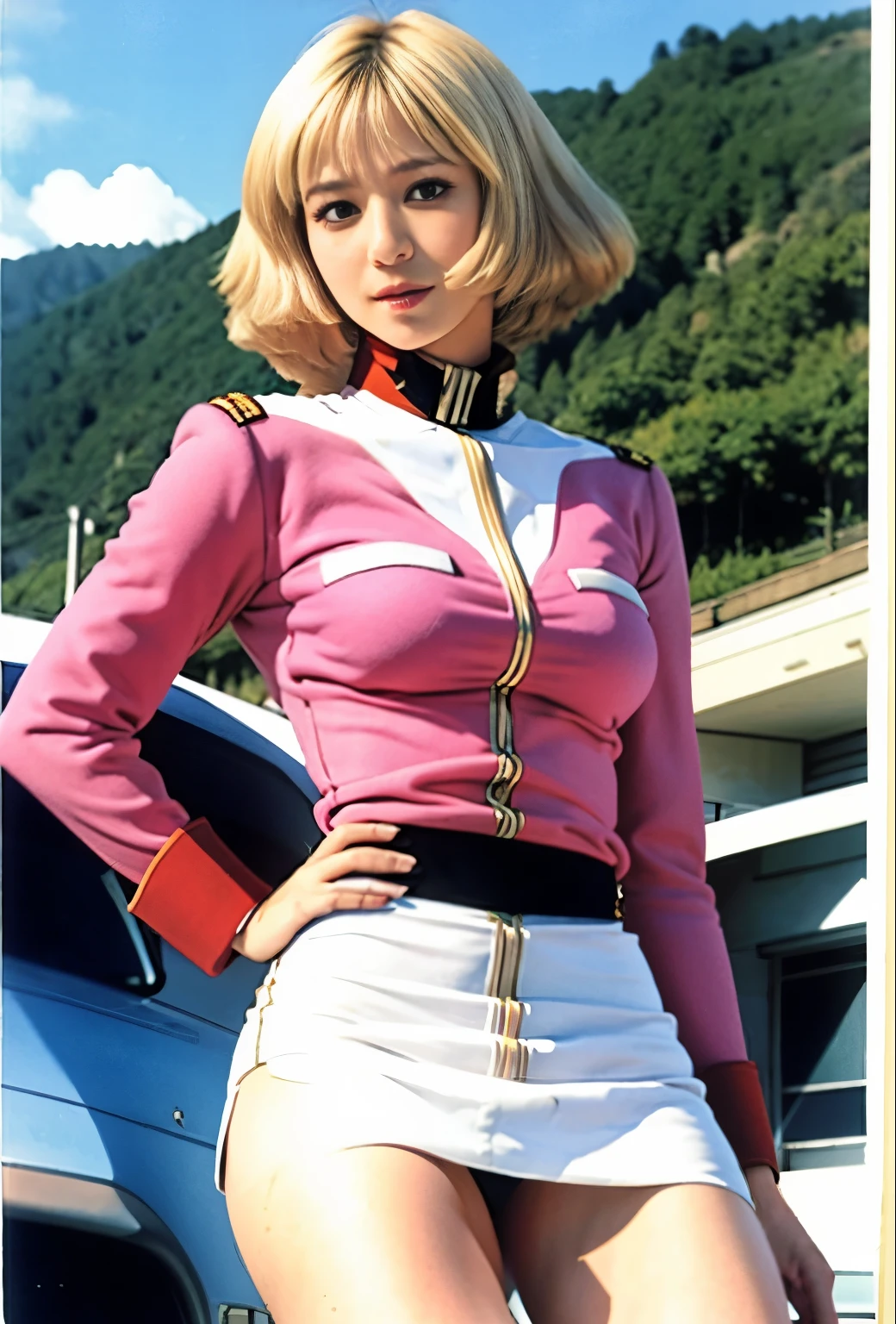 real photos、Highest image quality、real image、federal army uniform miniskirt、ponytail、Yuriko Yoshitaka、age日本人女性、Frau Bow、cute girl、white pantiesが丸見え、16age、(white panties:1.3)、super mini skirt、beautiful thighs、white panties、赤いミニスカートがめくれてwhite pantiesが見えてる