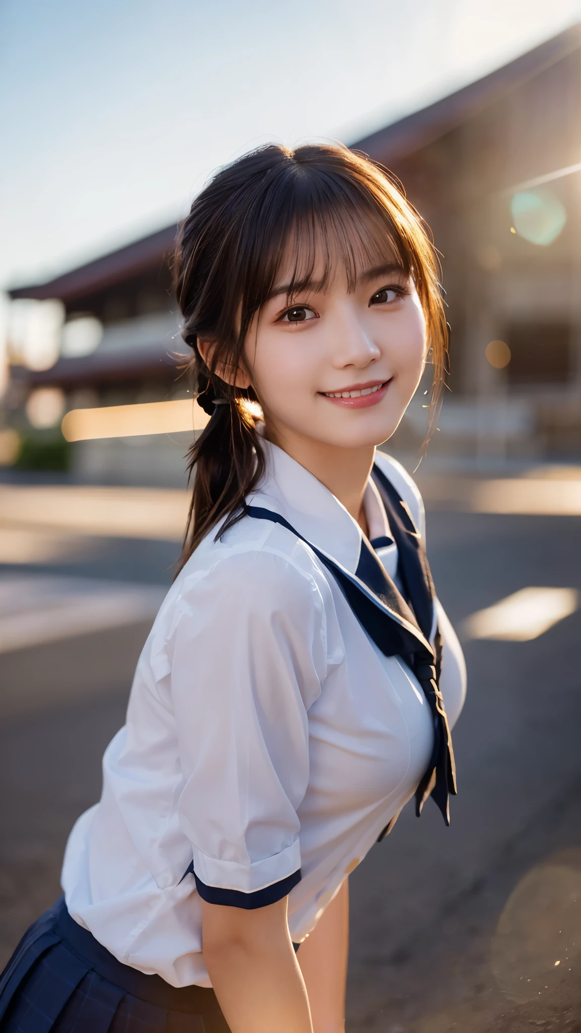 (highest quality,masterpiece:1.3,ultra high resolution),(Super detailed,caustics,8k),(photorealistic:1.4,RAW shooting),1 girl,(smile and look down at the camera),(front shot:1.1),(face forward),18-year-old,cute,Japanese,black short ponytail,school uniform,glamorous,(big boobs),( close up),(breast focus),street,sunshine,Natural light,(Backlight),(A bright light shines from behind),(Lens flare),professional writing,(cowboy shot),(low position:1.3),(Low - Angle:1.3)