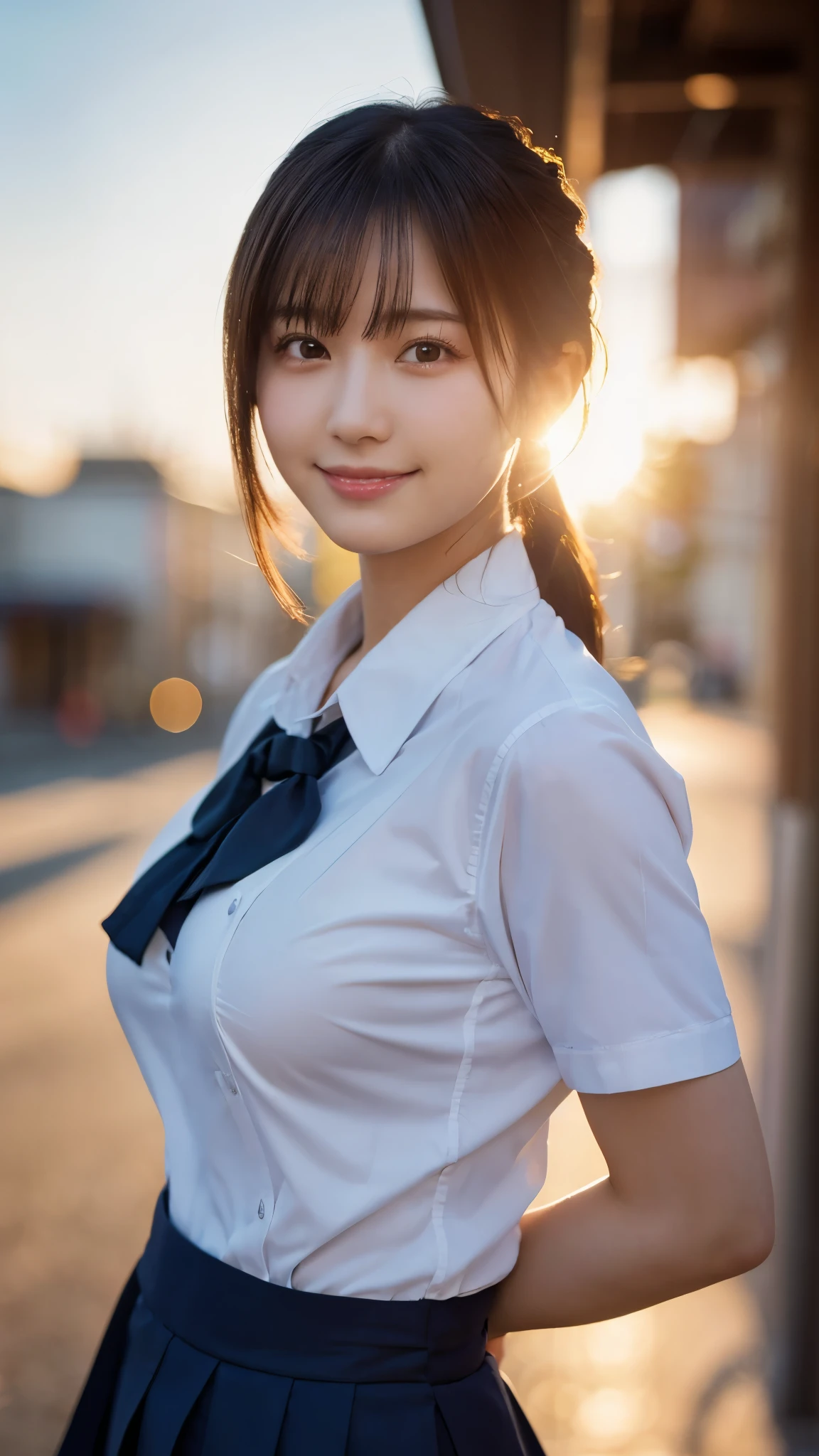 (highest quality,masterpiece:1.3,ultra high resolution),(Super detailed,caustics,8k),(photorealistic:1.4,RAW shooting),1 girl,(smile and look down at the camera),(front shot:1.1),(face forward),18-year-old,cute,Japanese,black short ponytail,school uniform,glamorous,(big boobs),( close up),(breast focus),street,sunshine,Natural light,(Backlight),(A bright light shines from behind),(Lens flare),professional writing,(cowboy shot),(low position:1.3),(Low - Angle:1.3)