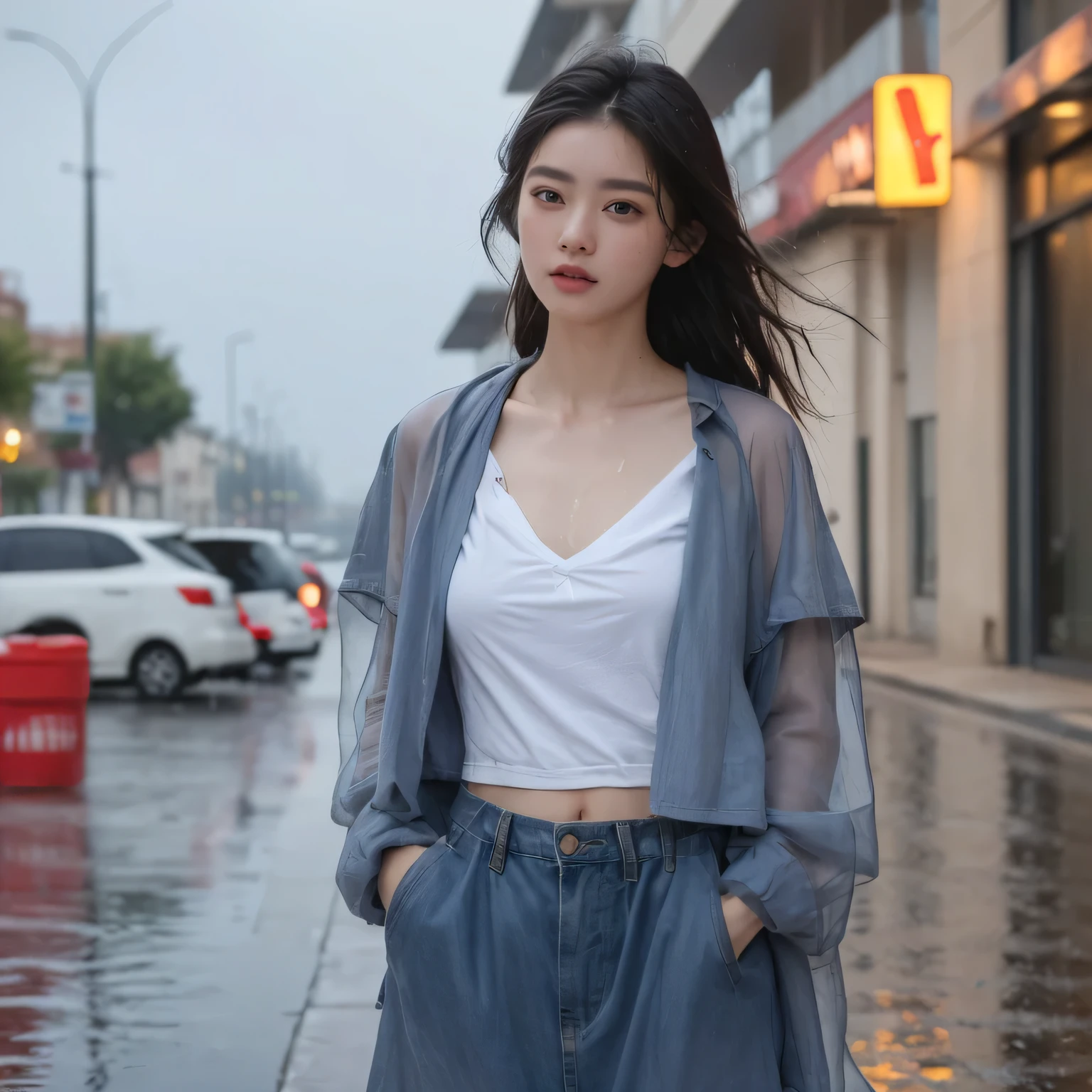 ((highest quality, 8k, masterpiece:1.3)), concentrate:1.2, perfect body beauty:1.4, buttocks:1.2, ((layered haircut, chest:1.2)), (wet clothes:1.1) , (rain, street:1.3), bandeau dress: 1.1, Highly detailed face and skin texture, fine eyes, double eyelid, whitened skin, long hair, (shut up: 1.3)