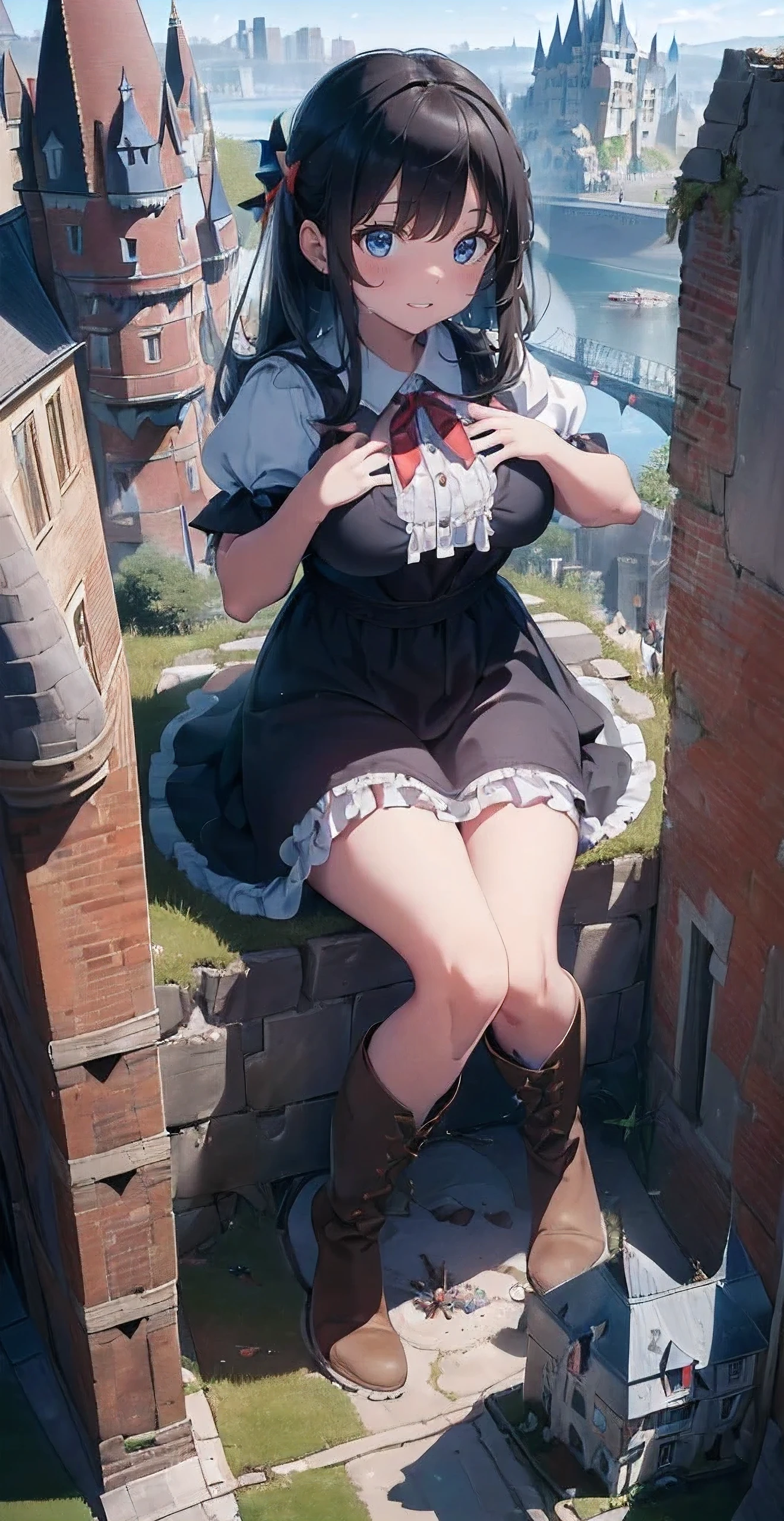 (in front of closeup foot of a giantess: 1.5), closeup breasts and face, (perfectly round breasts) cleavage, (brown twintails with big bangs, big hair, brown eyes, very cute girly clothing revealing breasts and thighs: 1.1), (medieval fantasy: 1.1), nipples, (foot), (barefoot: 1.1), sitting, (noblewoman dress: 1.1) (closeup long big foot: 1.6), (anorexic and skinny: 1.2), (stepping on, foot step : 1.3), navel, (thin waist: 1.2), (very cute young short adult girl: 1.2), (below view: 1.2), (very low angle view: 1.3), (girls bedroom: 1.1), below view, sitting