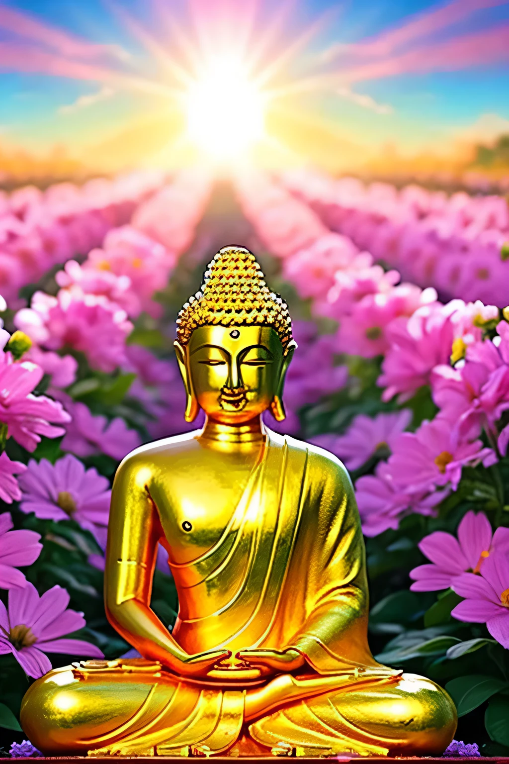明るい背景のBuddha像 Buddha solo front looking here halo is shining upper body only body is 70 on screen%Profession hold hands Like a photograph Amazing background full of flowers