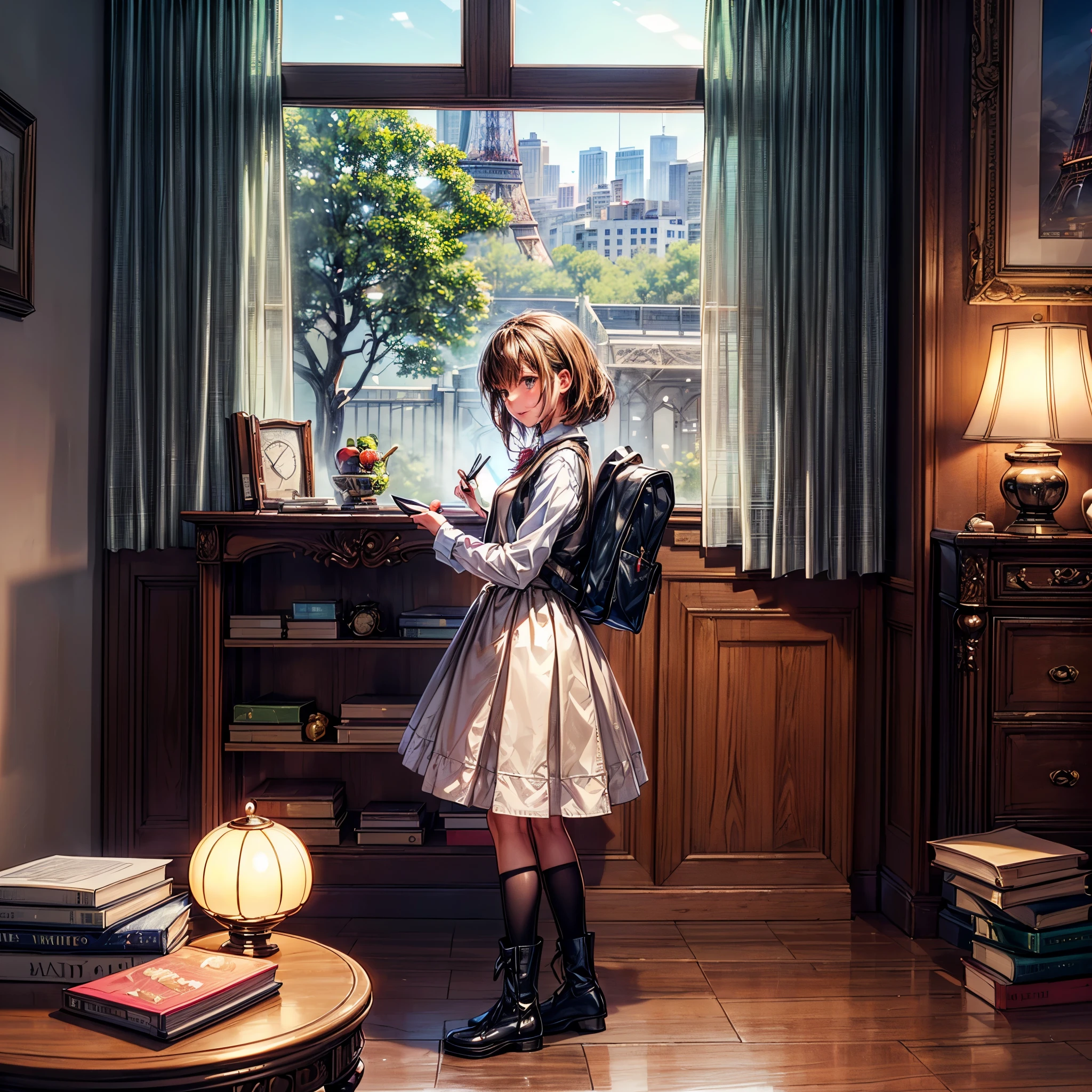 (epic Masterpiece, ultra highest quality, ulra highest resolution, ulra high-definition, distinct_image, very elaborate CG, cinematic lighting, ray tracing, drop shadows, detailed detail, (photorealistic: 1.4), ultra high quality textures, fine-grained, realistic face expression): (lone girl, face is Japan, brown short hair, small size breasts, sparkling eyes, Eye level shot, happy smile, beauty, slim body, holiday, own room, console game, computer, display, keyboard, mouse, long leather skirt, collared shirt, leather vest, handgun holder, carrying leather bag on your back, long boots, antique radio, coffee, model train, bookshelf, spacious yellowchair, Pots, fans, paintings, stuffed animals, ties, notebooks, stationery, vases, photo frames, letters, fountain pens, calendars, lamps, cushions, baskets, mirrors reflecting in profile, candles, telephone, fruit, newspapers, sweets, city Eiffel view outside the window), Pendulum clock frog varied multi etc. --v6 --s1000 --c20 --q5 --chaos100