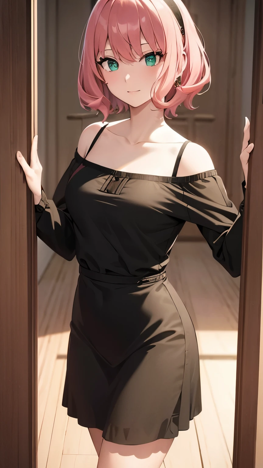 Masterpiece, best quality, super detailed, illustration, beautiful detailed eyes, close up, 1 girl, pink hair, black dress, villa doorway, standing position, short hair, emerald green eye color, HD, Portrait, adult, adult girl, age 20, tight dress