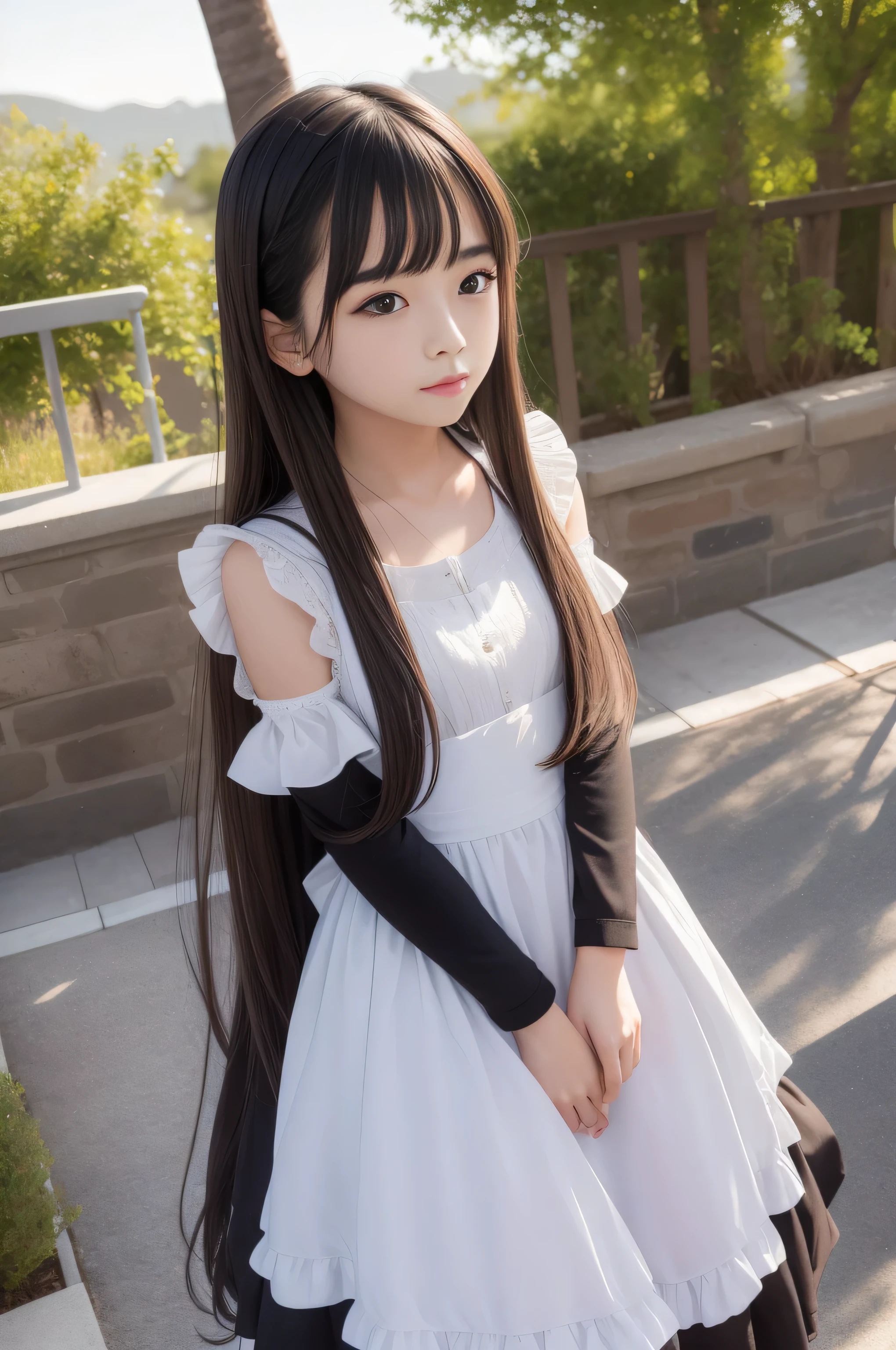 (masterpiece,highest quality,超A high resolution),japanese girl, （とても可愛いI&#39;m 11 years oldの女の子）,Ubu no Girl、(perfect limbs、perfect anatomy),((medium long hair))、Maid clothes、idol singer costumes、beautiful skin、Moist eyes、slightly droopy eyes、small lips、brown shiny hair、Colors and landscapes of youth、feeling of love, laugh shyly,I&#39;m 11 years old
