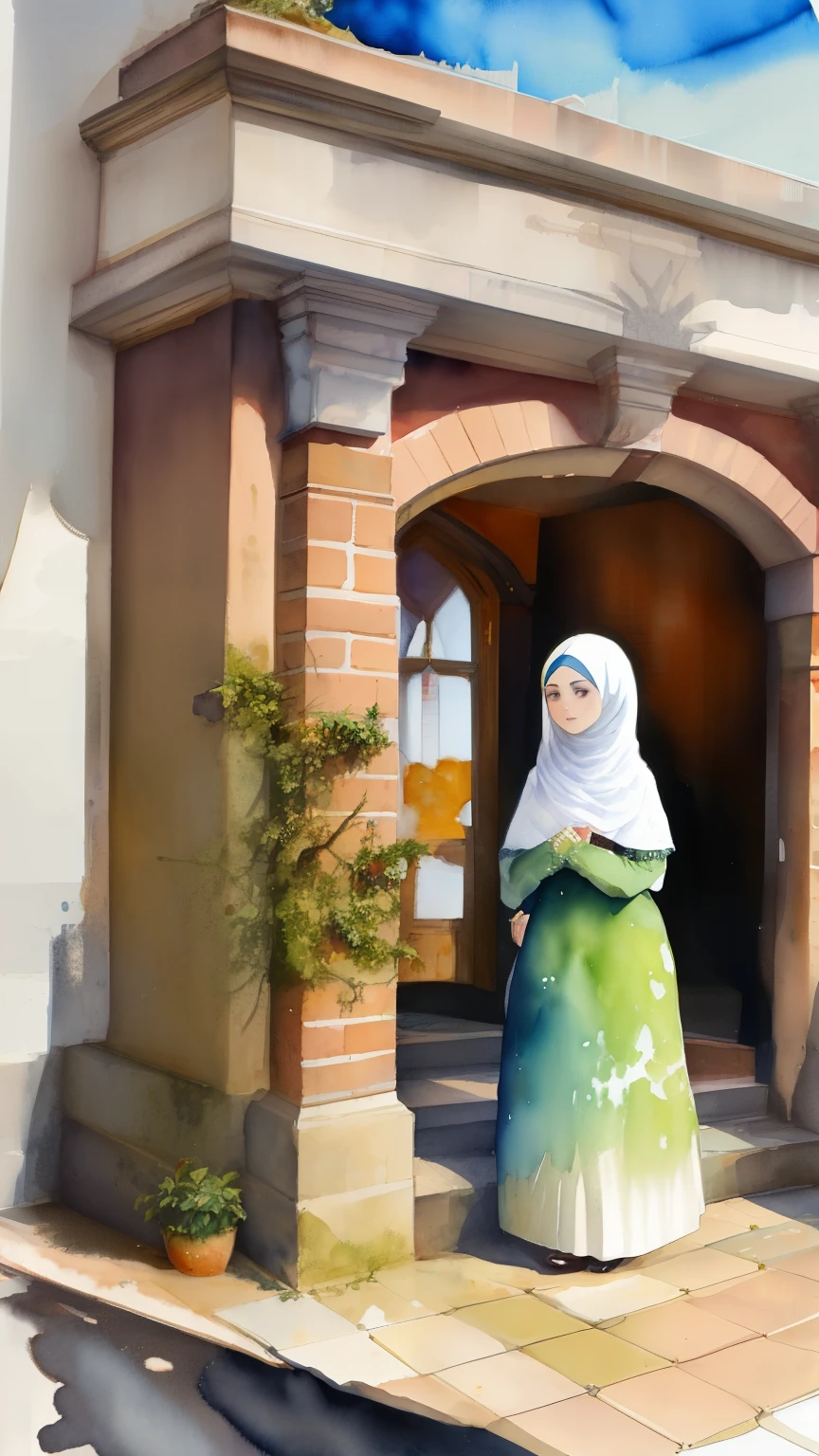 miaobishenghua painting of a 19th century hijab girl front of mansion, England, watercolor 