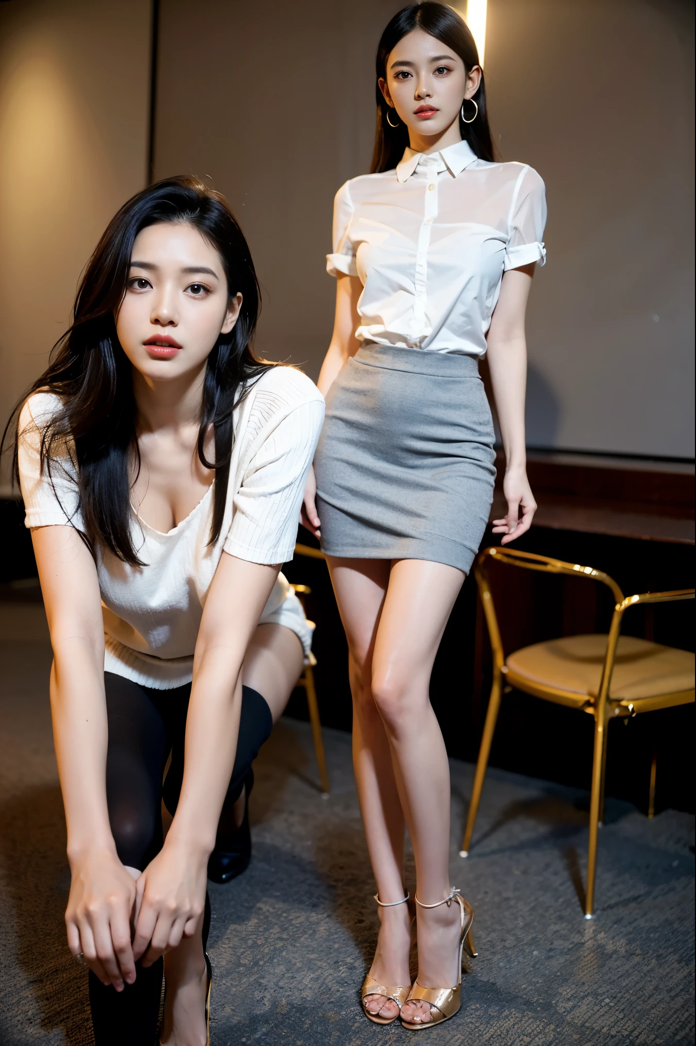 (masterpiece:1.3), (8 thousand, realistic, RAW photos, best quality: 1.4), (1 woman), (whole body), (standing posture),(model-like pose), (two legs, I can see both feet), (very sexy), (heavy makeup), (유난히 beautiful face), (incredibly beautiful body) (beautiful face), (beautiful face), (long eyelashes), (double eyelid), (big bust) , (realistic face), (black hair, long hair:1.3), beautiful hairstyle, realistic eyes, (really beautiful and delicate eyes), (realistic skin), beautiful skin, (shirt), (short skirt), (office), absurd, attractive, ultra high resolution, extremely realistic, very detailed, golden ratio, naked, (skin color hose 착용), (she'she'she'she'she'she'she'she'she'She's really pretty and her legs are long), (high heel).