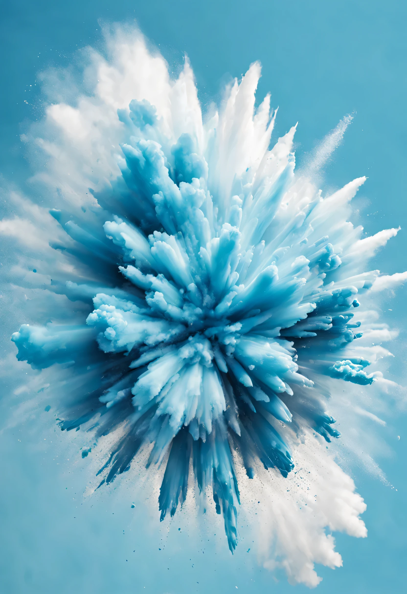 color powder、dust explosion、light blue only、 the background is white、explosion from the center