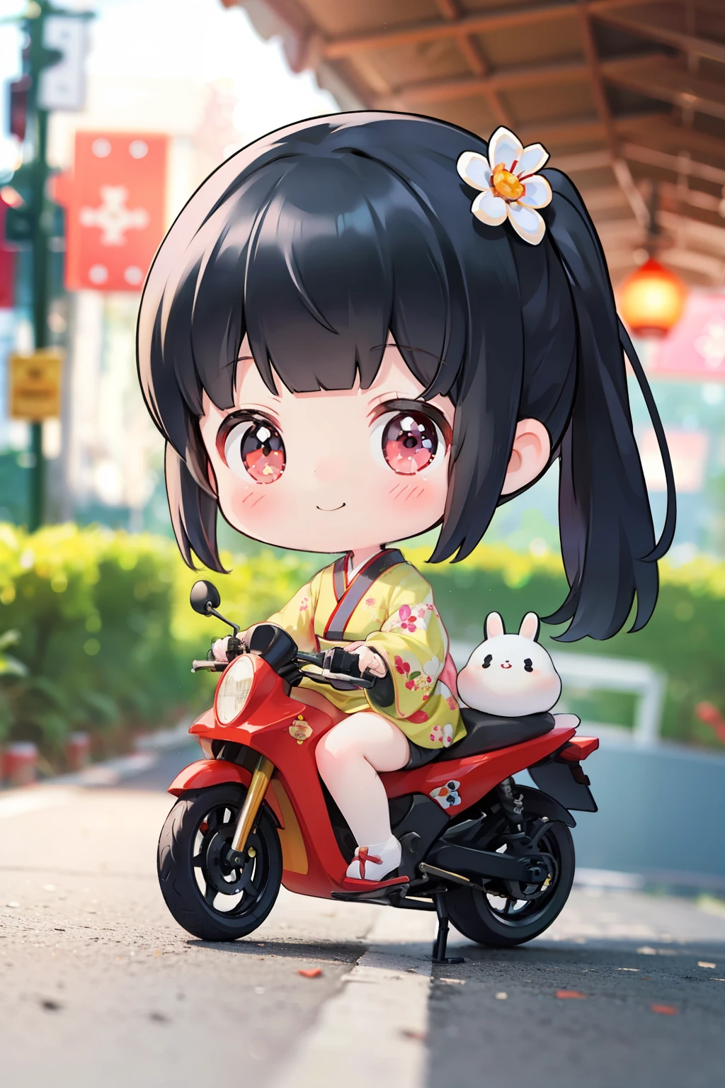 Kaguya in a kimono, A smile, kawaii, accessorized, Girl riding motorcycle on summer pass road
