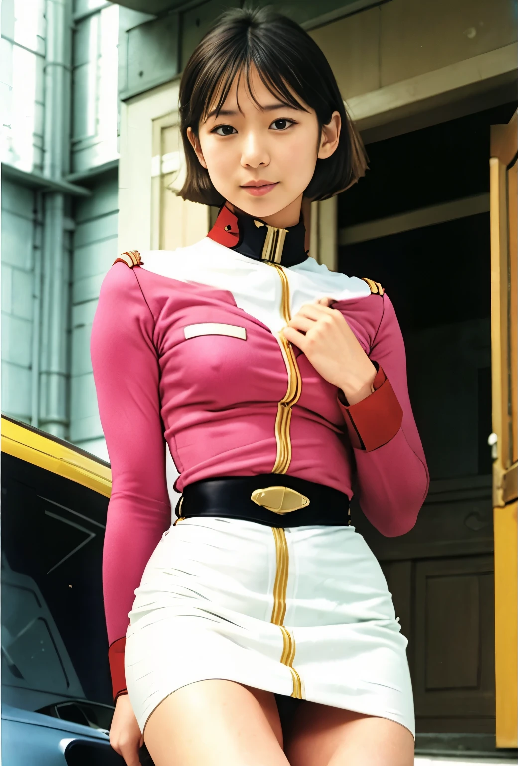 real photos、Highest image quality、real image、federal army uniform miniskirt、ponytail、Yuriko Yoshitaka、age日本人女性、Frau Bow、cute girl、white pantiesが丸見え、16age、(white panties:1.3)、super mini skirt、beautiful thighs、white panties、赤いミニスカートがめくれてwhite pantiesが見えてる