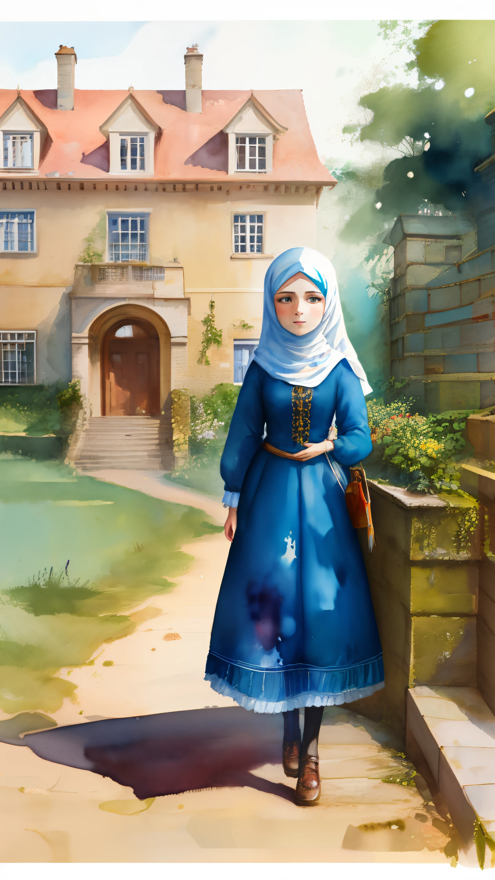 miaobishenghua painting of a 19th century hijab girl front of mansion, England, watercolor