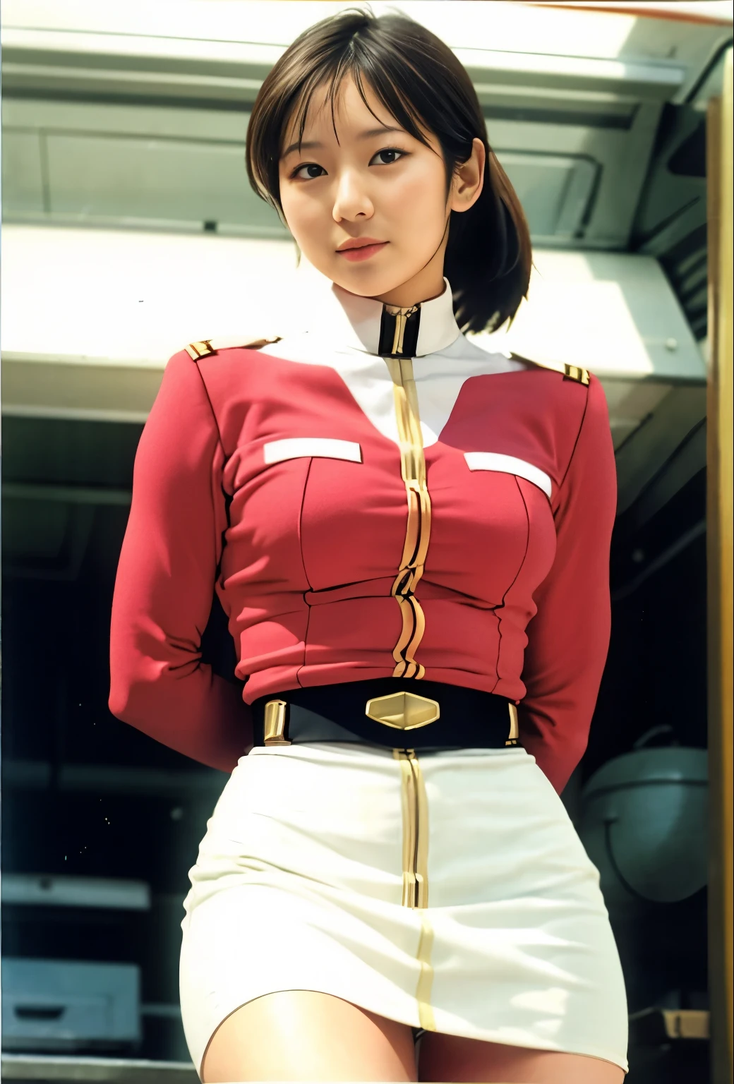 real photos、Highest image quality、beautiful woman、beautiful thighs、beautiful face、real image、federal army uniform miniskirt、ponytail、Yuriko Yoshitaka、age日本人女性、Frau Bow、cute girl、white pantiesが丸見え、16age、(white panties:1.3)、super mini skirt、beautiful thighs、white panties、赤いミニスカートがめくれてwhite pantiesが見えてる