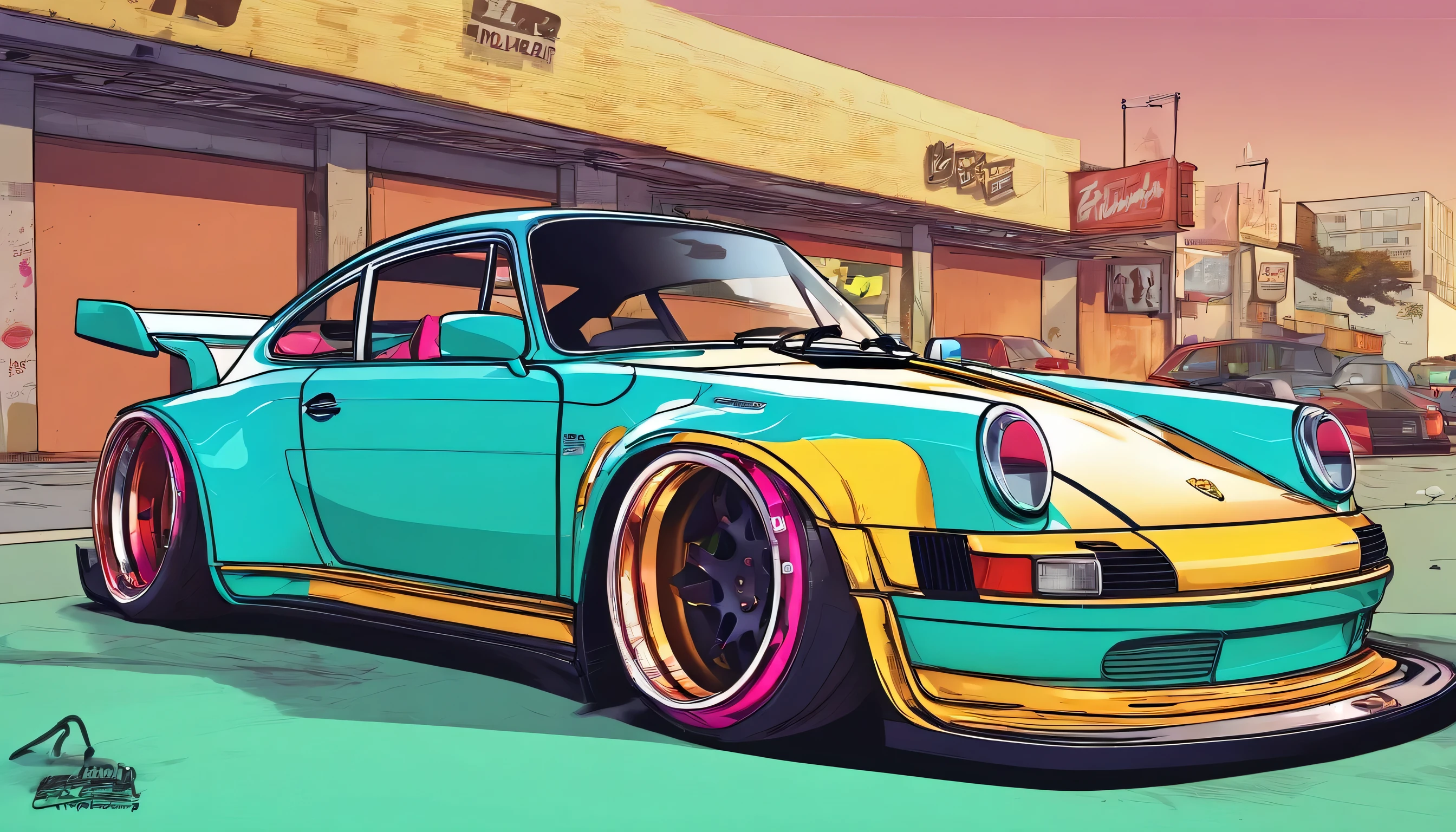 
Porsche 911 rwb, wide body, sketch, 
cartoonish, comic strip, Chip Foose car rendering, chrome wheels, bagged, slammed to the ground, empty parkinglot, style dessin manga, couleur
