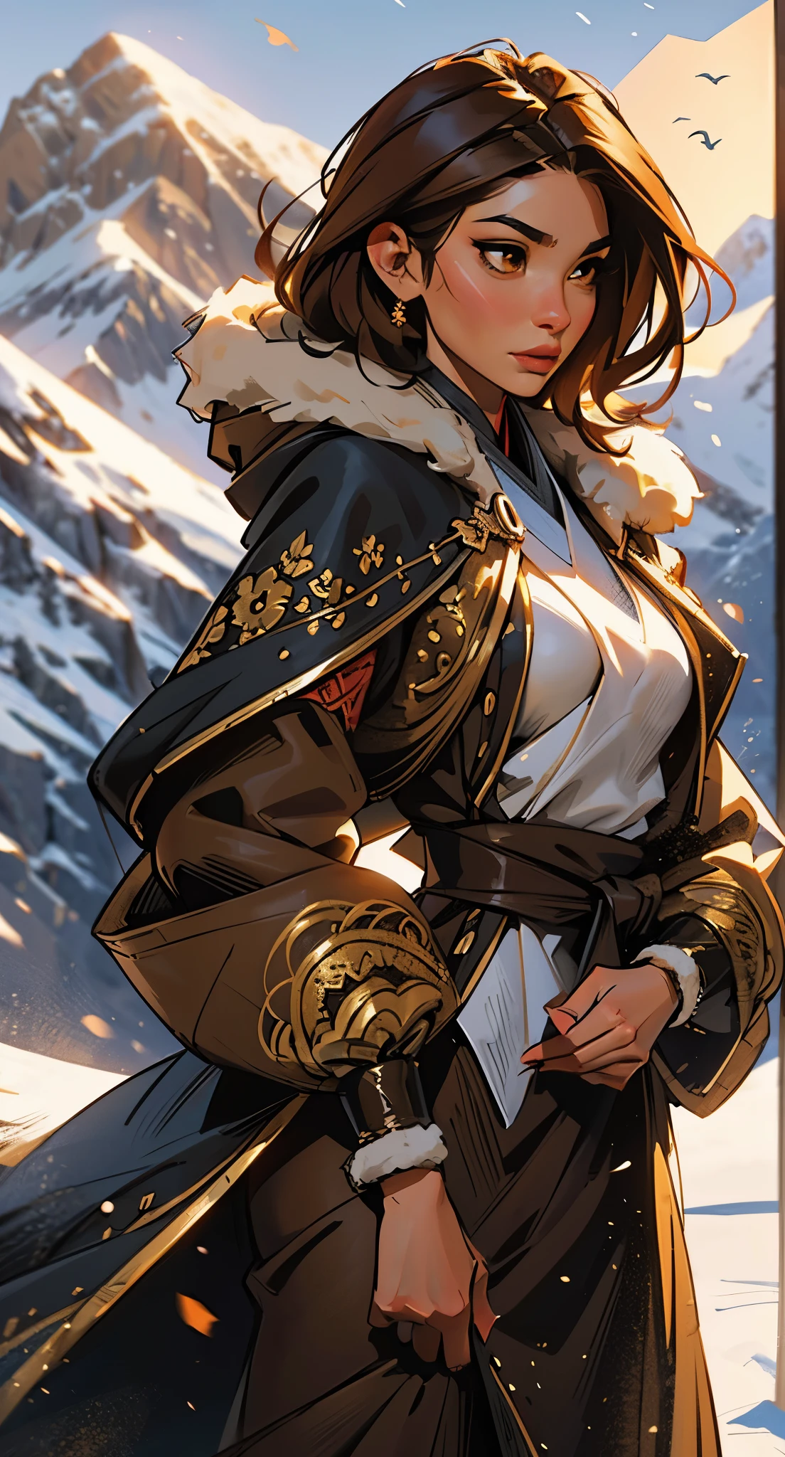 1 woman, Oriental woman, 23 years old, short brown hair, olive skin, smaller head, brown eyes, toned body, medium breasts, long coat with fur and hoods, full traditional costume , masterpiece, ultra HD, realistic masterpiece, blurred background, snowy mountain, dynamic poses, perfect hands, perfect face, perfect details, sharp focus