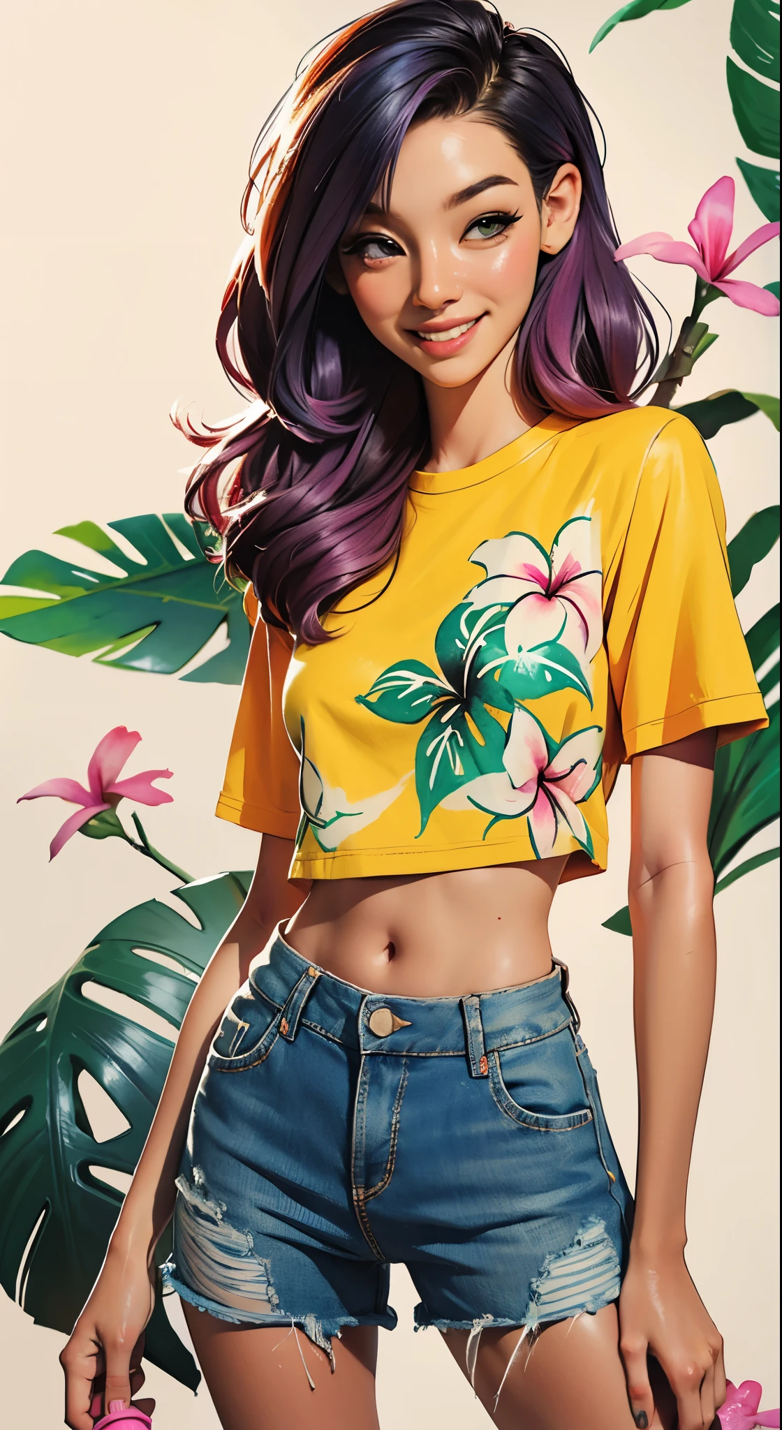 a Plumeria painting with a splatter background and spray paint effect, plumeria flower design t-shirt and jean shorts, upper body centered, multi-color hair, 1 eye closed, big happy smile, watercolor art, watercolor painting, watercolor painting style, watercolor detailed art, watercolor digital painting, watercolor paint, masterfully detailed watercolor, watercolor art