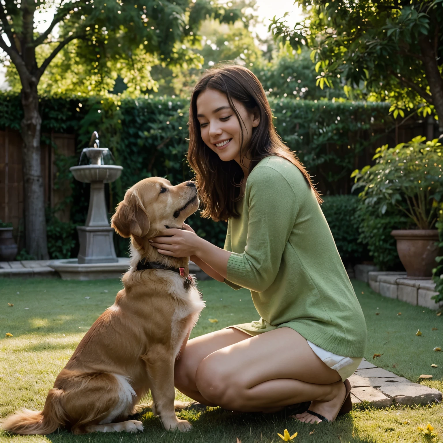 Please generate a high-resolution image with advanced levels of detail, captured in a cinematic style. The scene should portray a happy and charming moment of a dog playing with a in a lush garden. A happy childld be around 6 years old ng comfortable, full clothing for outdoor play. The dog should be a friendly Golden Retriever, with shiny, well-groomed fur, showing an expression of excitement while playing with a child. The garden they are in should be richly detailed, with vibrant flowers, manicured green grass, and a variety of plants that create a picturesque and inviting setting. There should be elements such as a shady tree providing soft shade, a rustic wooden fence in the background, and perhaps a small water fountain or pond that adds an element of tranquility to the scene. The afternoon sun bathes the scene in a soft, golden light, creating a bokeh of light through the tree leaves that adds a dreamy, magical atmosphere to the image. The interaction between dog and should be the central focus, capturing the special bond and pure joy of their play. The camera should be positioned at the 's eye level, giving the viewer an intimate and immersive perspective, and the composition should be carefully balanced to guide the eye to the main subjects, using depth of field techniques to highlight the and dog against the stunning background of the garden.