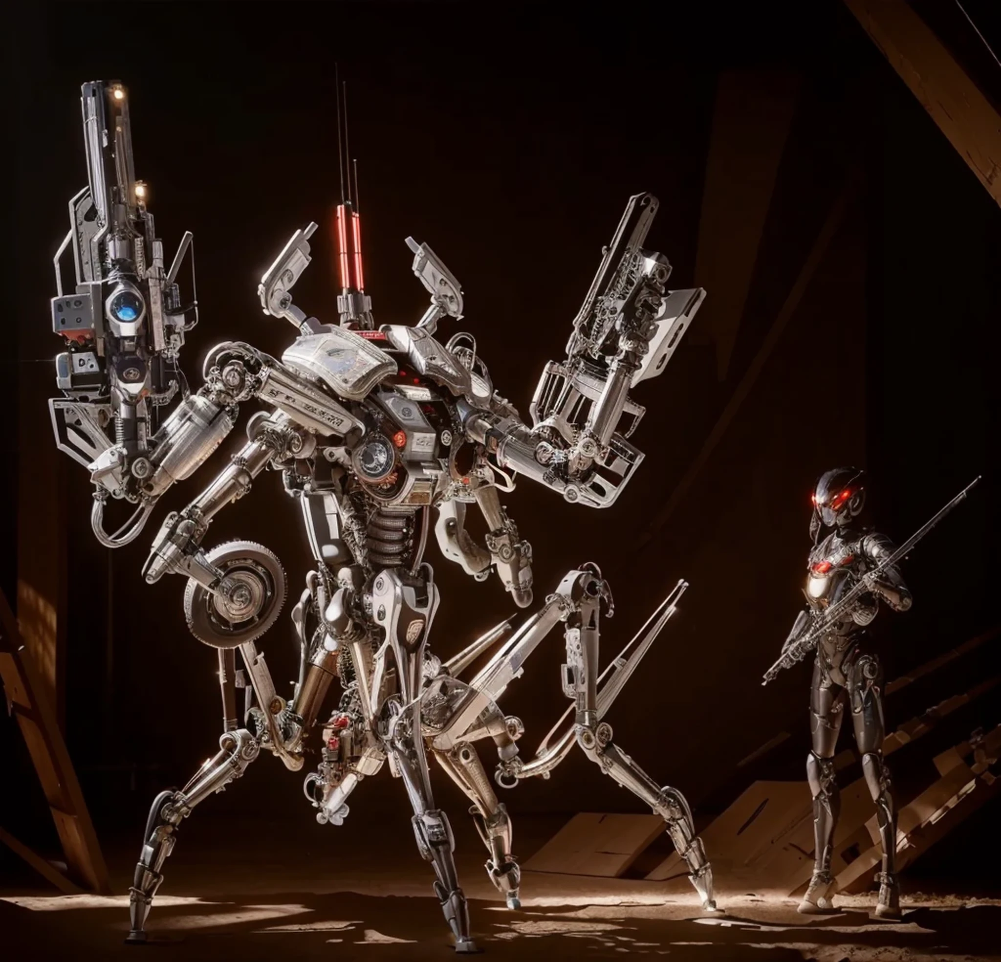Ultra advanced biomechanical cyborg robot, color negro y rojo, has a big laser cannon, small arms with circular saws, sensores y antenas, human arms with robotic inserts, Cables y tubos rodean su cuerpo., insectoid mechanical legs, el esta en el desierto, luz, 4k, ultra detallado image, realista, muy detallado, perfect composition, splendid, intrincadamente detallado, incredibly detailed, 8k art photography, hiper detallado, Obra maestra, ultra detallado, hyper realista, 4k, ultra detallado image, realista, muy detallado, perfect composition, splendid, intrincadamente detallado, incredibly detailed, Artistic photography in 8K, hiper detallado