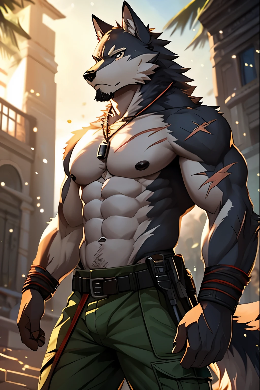 Masterpieces, furry, male, Anthropomorphic, wolf, veiny, athletic body, age 40, Delicate eyes, goatee, furred body, war veteran, anime, depth of field, perfect lighting, (best quality),(masterpiece),(ultra detailed), sharp focus, light particles, detailed background, green military pants, shirtless, fierce look, soldier look, full body, six pack abs, black nipples, bondage, scars