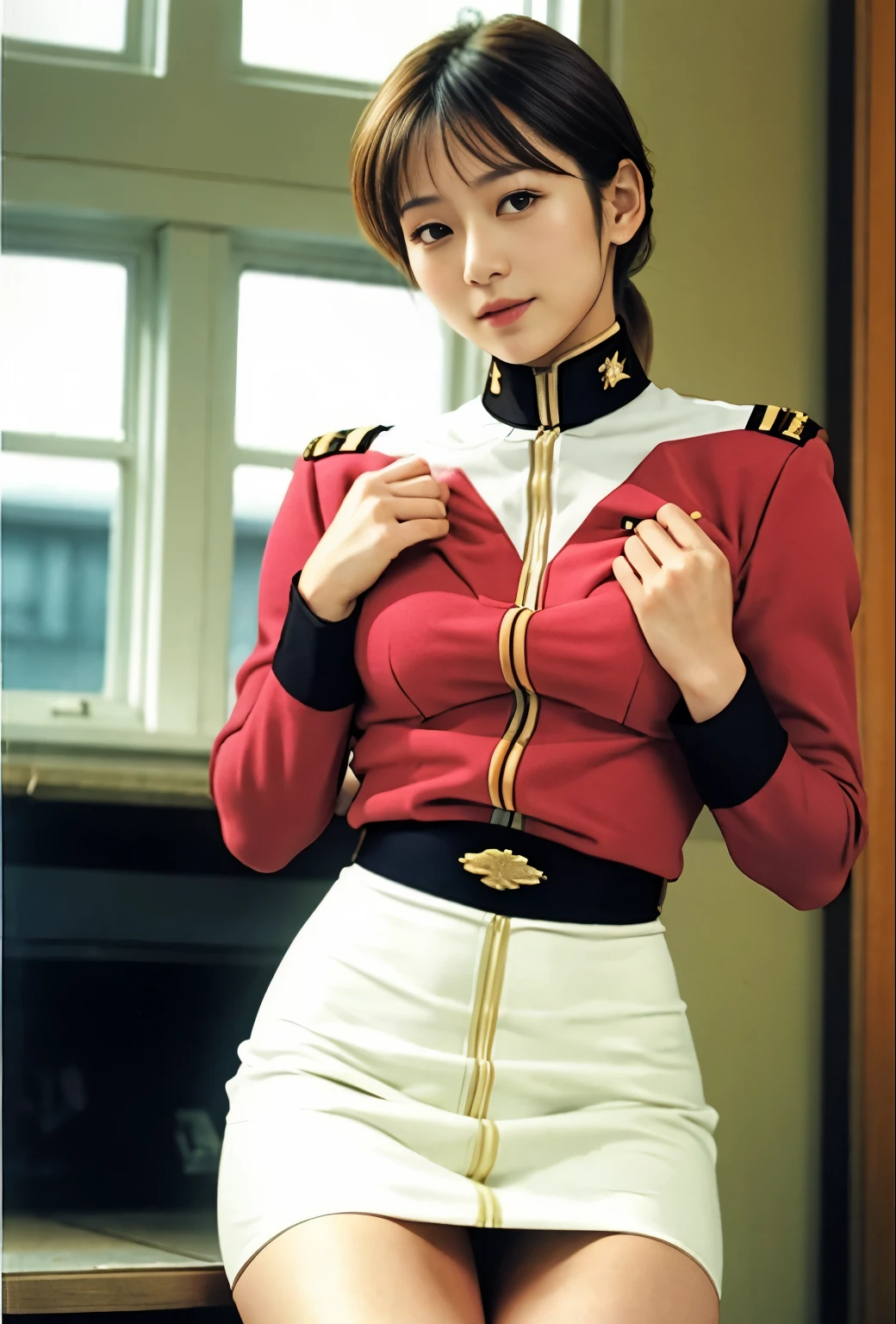 real photos、Highest image quality、beautiful woman、beautiful thighs、beautiful face、real image、federal army uniform miniskirt、ponytail、Yuriko Yoshitaka、16age日本人女性、Frau Bow、cute girl、white pantiesが丸見え、1６age、（white panties:1.3）、super mini skirt、beautiful thighs、white panties、赤いミニスカートがめくれてwhite pantiesが見えてる