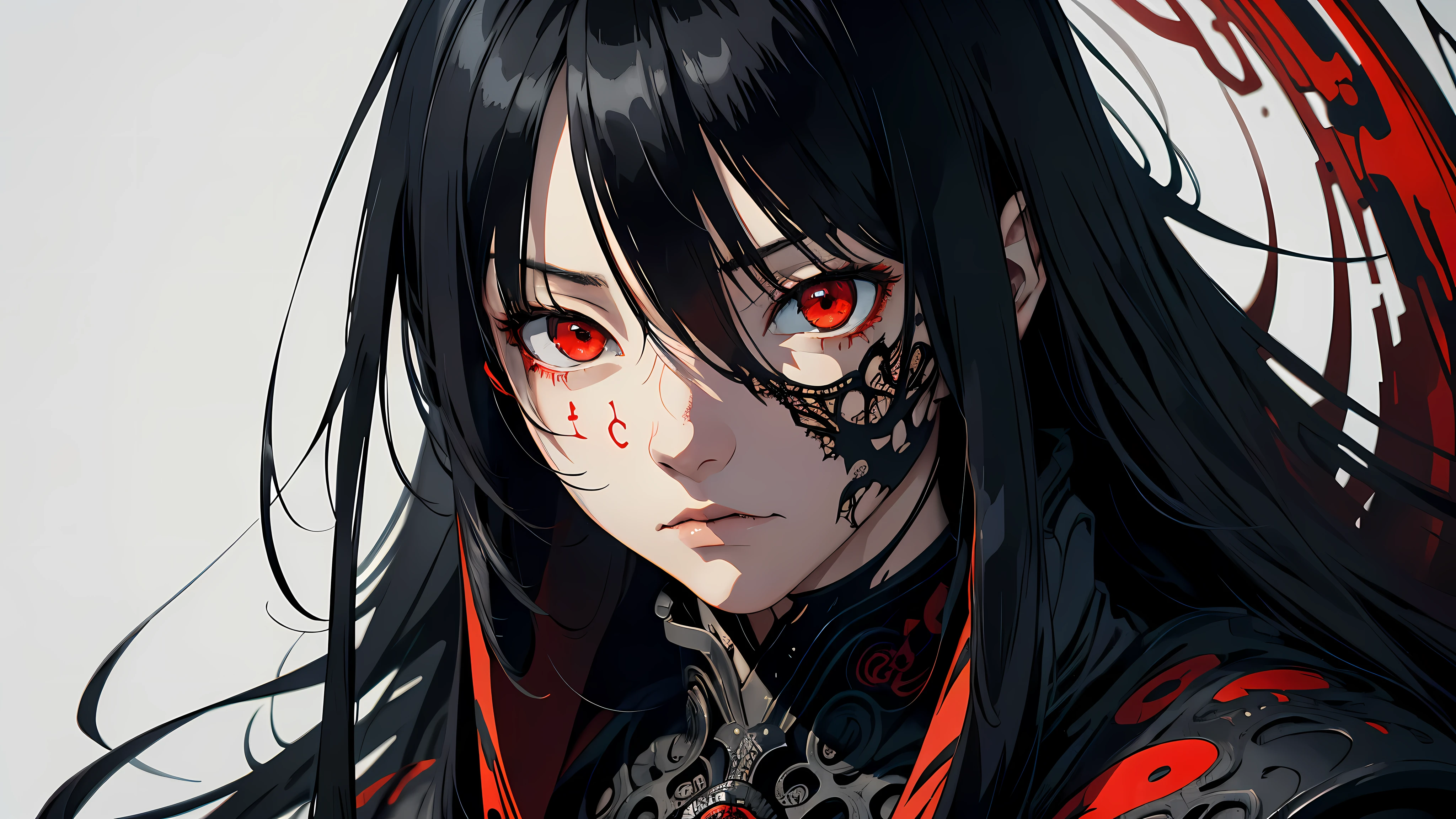 a beautiful young woman, 1 girl, detailed face, twin tails, colorful hair with black roots and red tips, wearing a red shirt with silver patterns, witch's hooded cloak, black leather pants, expressive detailed eyes, collar, jewelry, smile, hyperrealistic, video game rendering effect through ink overlay, white background, blood black shadow overlay effect, shading effect, red dualization effect, bloody ink, liquid ink rendering, hyperrealistic Sumi-e liquid ink painting, high detail, intricate details
