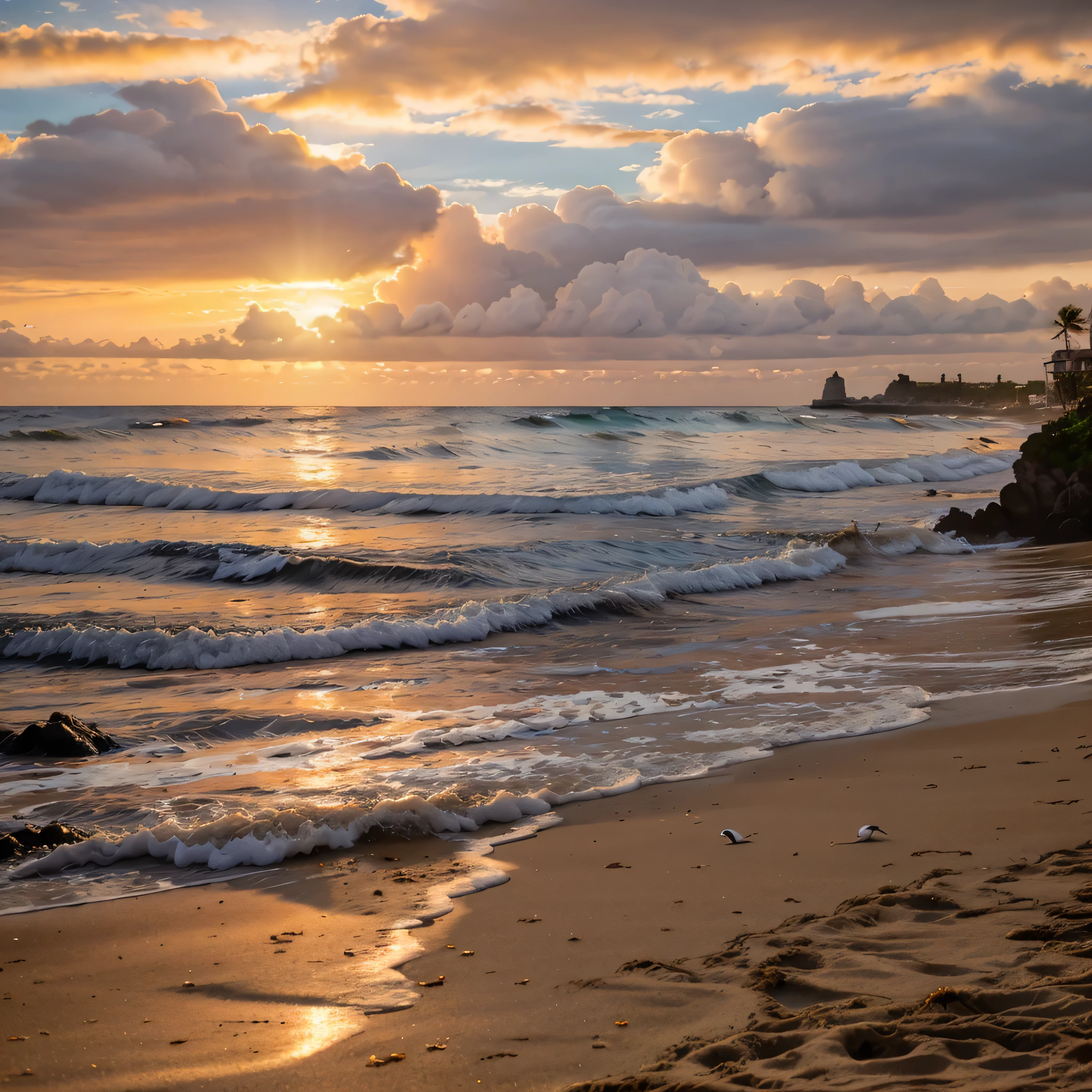 beautiful sunset beach, sun setting behind the clouds, seagulls, sea turtles, captivating scene.