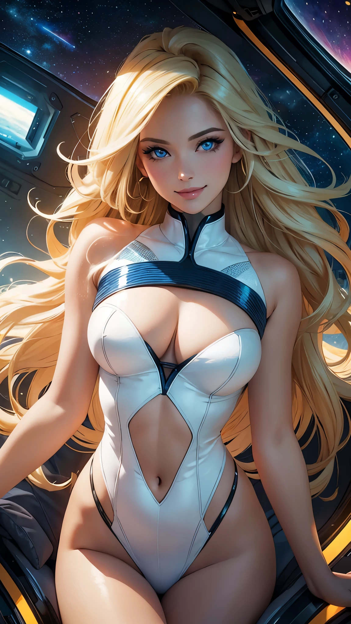 (best quality,ultra-detailed,photo-realistic:1.37),bright and vibrant colors,studio lighting,playful expression,stylish makeup,long blonde hair flowing in the wind,alluring eyes,glossy lips,sexy pose, Space Cadet, Cockpit, smiling in a confident and seductive way,posing for a professional photoshoot,shallow depth of field,highlighting the main subject,soft natural lighting,creating a dreamy and magical atmosphere.