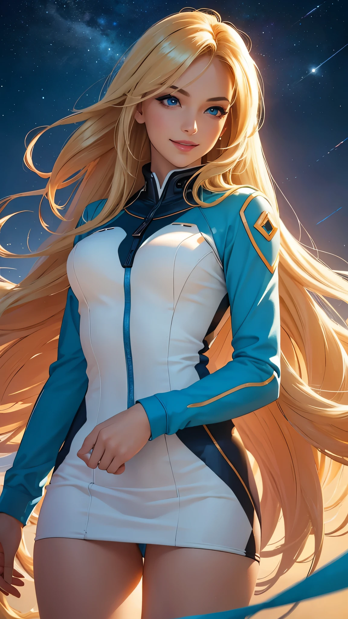 A woman in a white and blue dress with long blonde hair - SeaArt AI