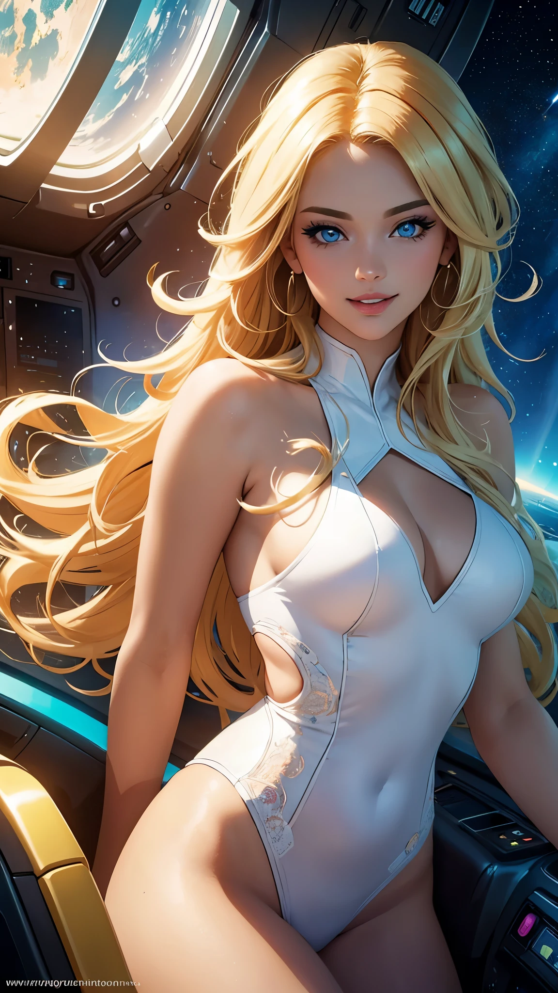 (best quality,ultra-detailed,photo-realistic:1.37),bright and vibrant colors,studio lighting,playful expression,stylish makeup,long blonde hair flowing in the wind,alluring eyes,glossy lips,sexy pose, Space Cadet, Cockpit, smiling in a confident and seductive way,posing for a professional photoshoot,shallow depth of field,highlighting the main subject,soft natural lighting,creating a dreamy and magical atmosphere.
