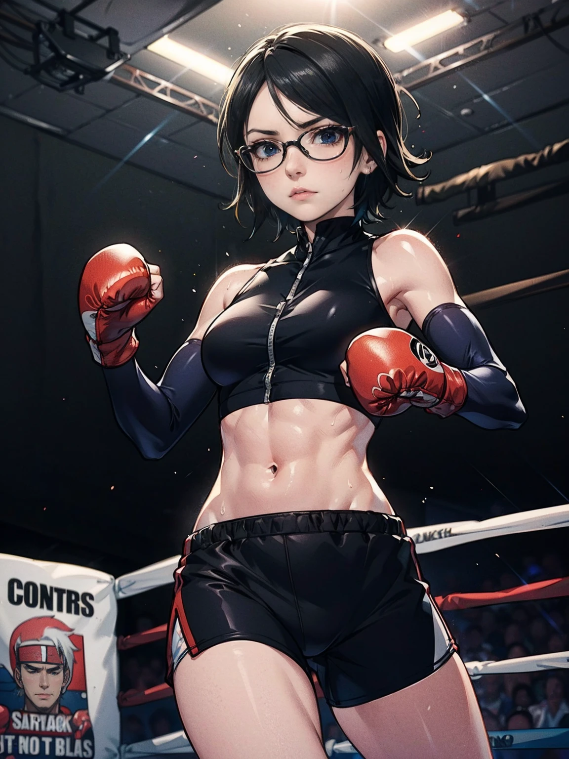(Original, 1girl, solo, fitness), (very detailed wallpaper) , (best quality) , (work of art) ,struggling posture, artistic dedication, very detailed illustrations, (1 girl) , beautiful eyes, (Delicate Face) , perfect detail, (best lighting ), (super complex details), ((Alone, Sarada Uchiha, wearing glasses (black eyes), short hair, serious facial expression, Staring, confident)), (aggressive punch) , sweat, Heavy breathing, (oppressive attack) , (Boxing ring ), athletic shorts, perfect detail, perfect fingers, perfect limbs, impact, (glowing skin), abdomen, fitness, muse, posing, photo shoot, artistic shoot, fascinating, charming, waist, boxing shorts, fight, black hair , short hair, short Black hair, 4k, black eyeagnificent,detailed: 1.2) , (8k: 1.2) , splendid,charming,invent,Small