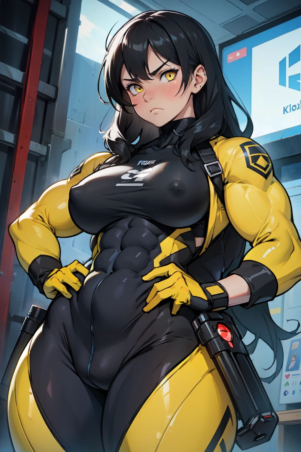 ((((girl muscular thick)))) pale skin black hair yellow eyes huge breasts body suit toned body sad frown blush long hair