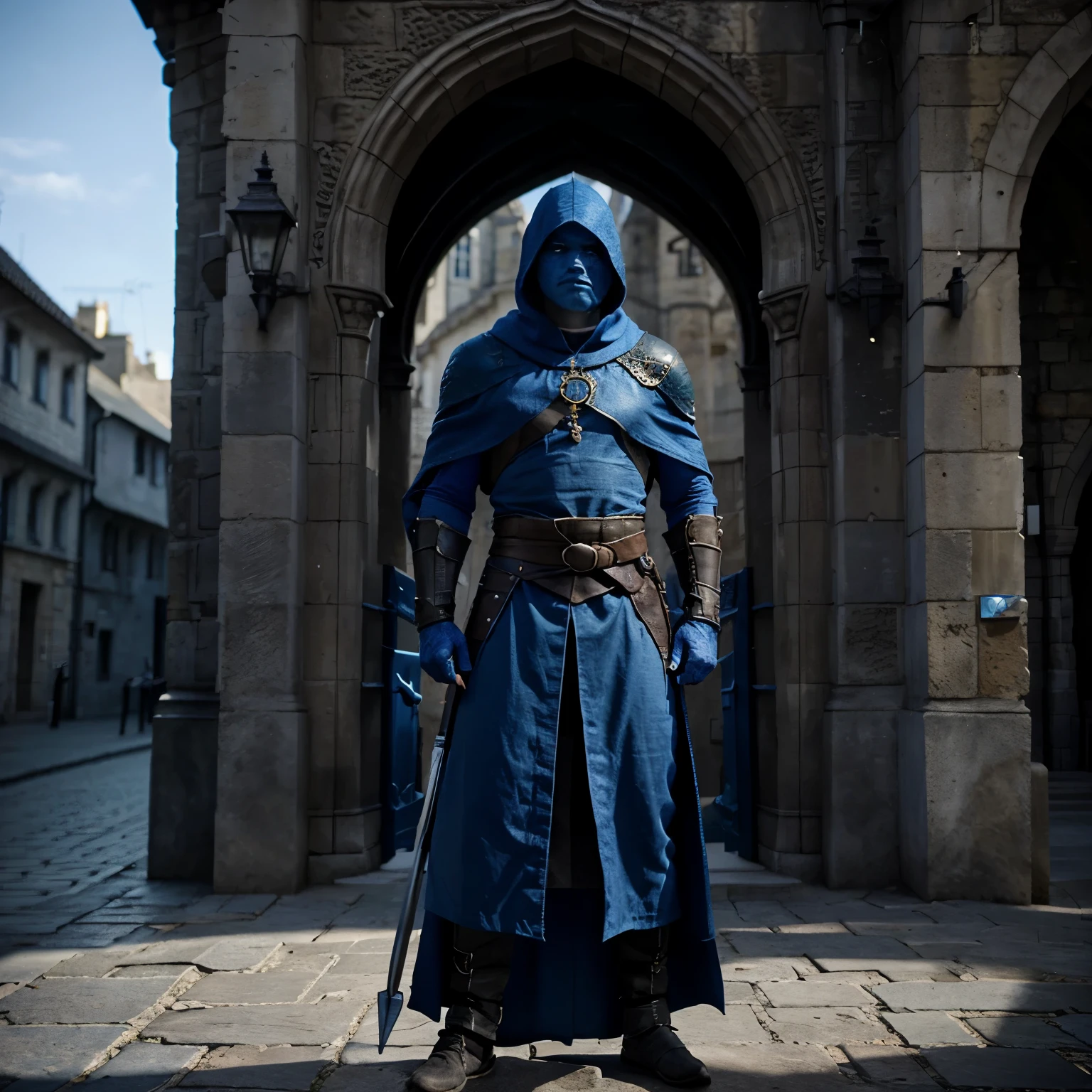 Dragonborn fighter, blue skin, 2 scimitars, tall, moderate build, dark cloak, standing, relaxed, in front of medieval city gate, mature