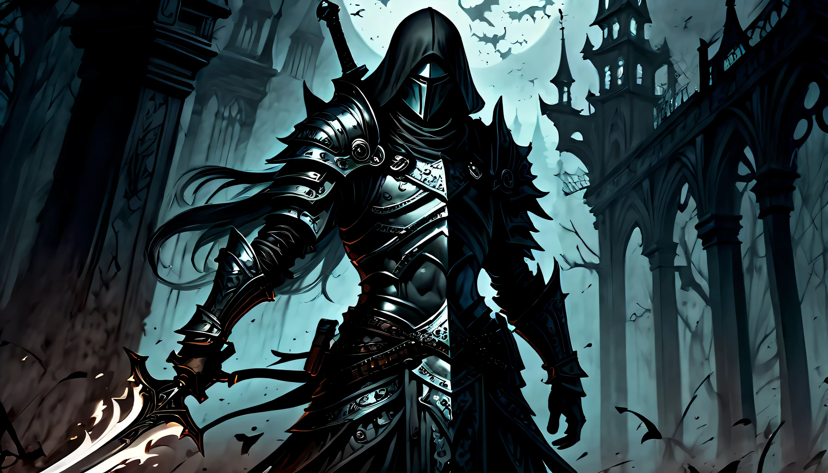 traditional veteran warrior, Gothic Dark, Eyes hidden behind a helmet, stern face, dark cool, Elaborate matte black armor, I firmly grasp the sword of the spirit where my soul dwells., powerful step, From a long shot side angle, matte paint, deep dark brown, dark fantasy glow graffiti, complex grunge, small brush strokes, Perfect Warrior, Background details of a dream you won&#39;t wake up from, Background drawing nightmarish reality, absurd solution, Tonal contrast and shadow drawing, high quality,