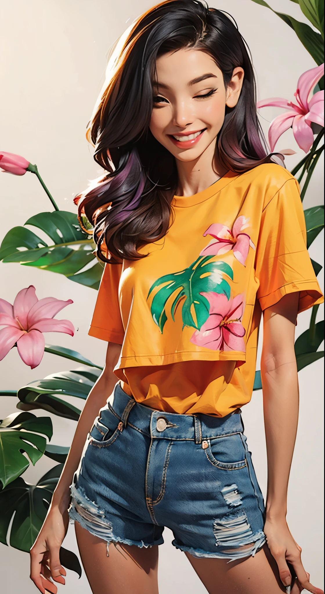a Plumeria painting with a splatter background and spray paint effect, plumeria flower design t-shirt and jean shorts, upper body centered, multi-color hair, 1 eye closed, big happy smile, watercolor art, watercolor painting, watercolor painting style, watercolor detailed art, watercolor digital painting, watercolor paint, masterfully detailed watercolor, watercolor art