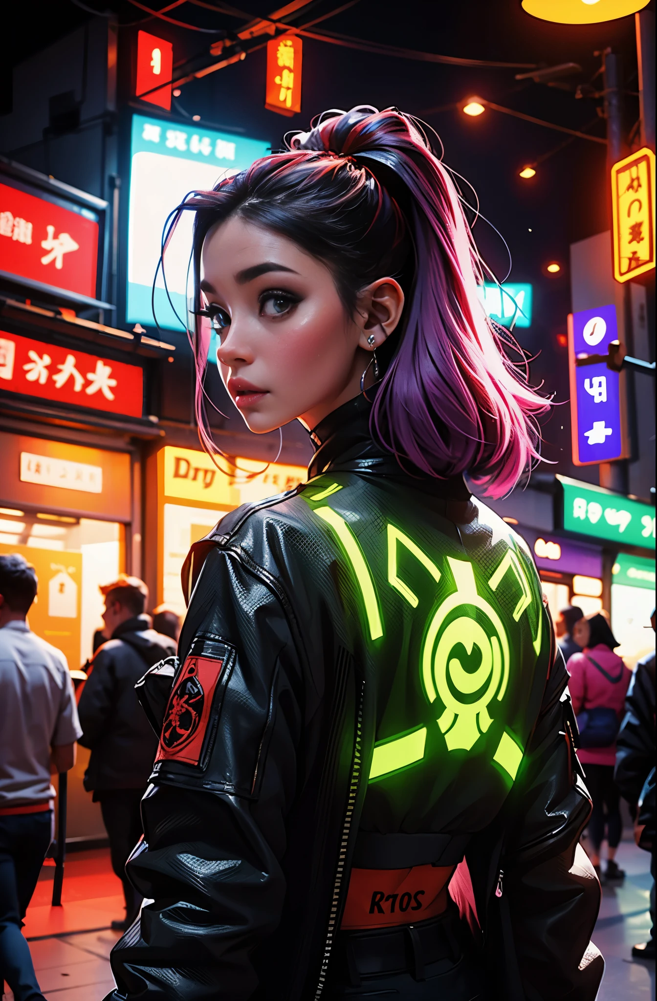 garota de costas, sem camisa, vibrant colors hair, looking behind, dragon tattoo on the back, imagem estilo cyberpunk, luzes neon, alta qualidade, ultra 8k