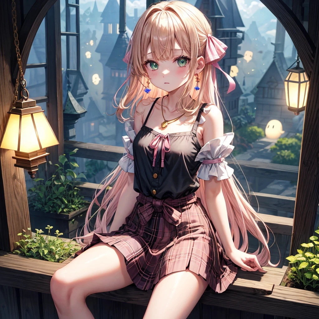 pink blonde、green eyes、one good looking girl、solo、anime、plaid mini skirt、the skirt has buttons、black camisole、black t-shirt、dress、wearing a ribbon、ribbon at waist、cloak、hood、clouds are swirling、stone slabs are piled up、one hand raised、crystal earrings、vegetable garden、monster castle、ceiling、golden key、jewelry necklace、Light and shadow、window、Hundreds of Ghosts at Night、lantern、sitting、legs crossed
