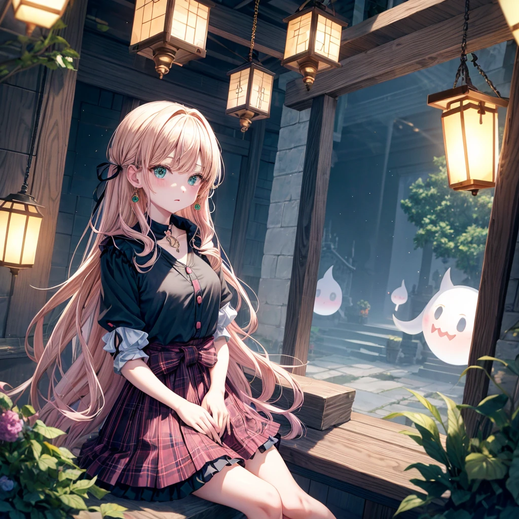 pink blonde、green eyes、one good looking girl、solo、anime、plaid mini skirt、the skirt has buttons、black camisole、black t-shirt、dress、wearing a ribbon、ribbon at waist、cloak、hood、clouds are swirling、stone slabs are piled up、one hand raised、crystal earrings、vegetable garden、monster castle、ceiling、golden key、jewelry necklace、Light and shadow、window、Hundreds of Ghosts at Night、lantern、sitting、legs crossed、mirror