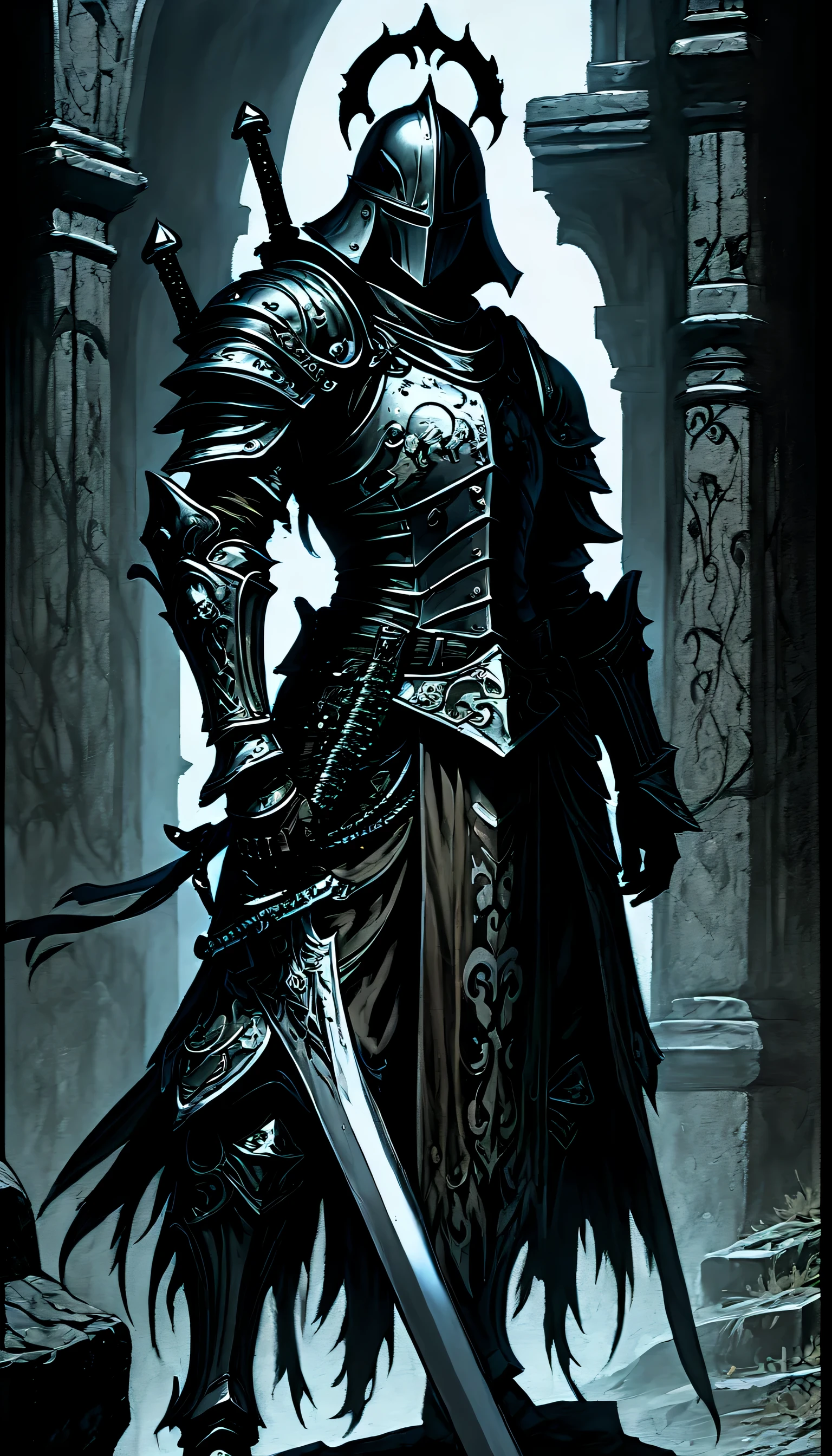 traditional veteran warrior, Gothic Dark, Eyes hidden behind a helmet, stern face, dark cool, Elaborate matte black armor, I firmly grasp the sword of the spirit where my soul dwells., powerful step, From a long shot side angle, matte paint, deep dark brown, dark fantasy glow graffiti, complex grunge, small brush strokes, Perfect Warrior, Background details of a dream you won't wake up from, Background drawing nightmarish reality, absurd solution, Tonal contrast and shadow drawing, high quality,