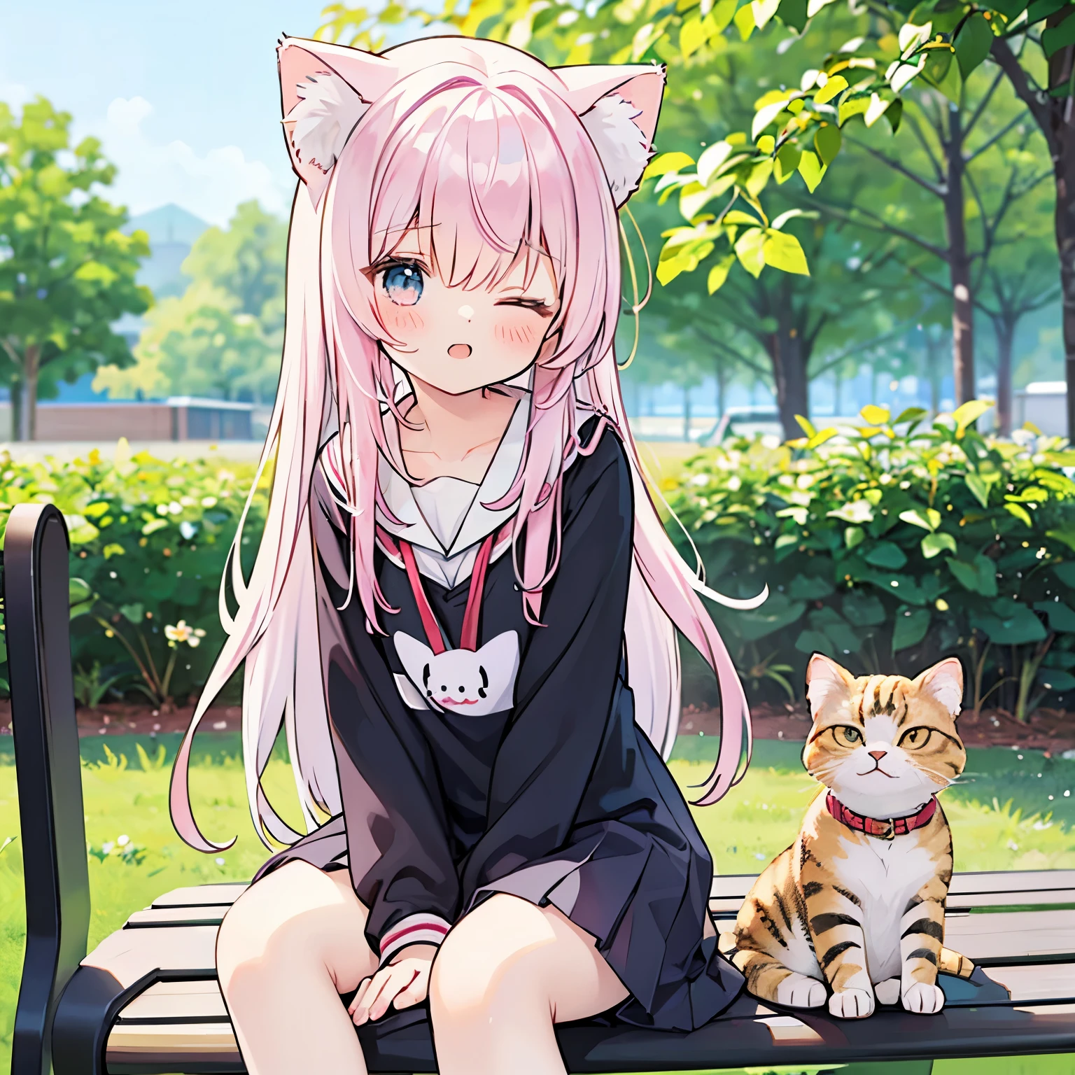 Long shot, anime girl sitting on bench, yawning, close one eye, season is summer, realistic anime cat, realistic anime art style, cute realistic portrait, beautiful anime cat girl, realistic anime art style, anime realism style, anime cat girl, very beautiful anime cat girl, realistic anime 3D style, Very Beautiful Cute Cat Girl, Cute Anime Cat Girl, Anime Style
